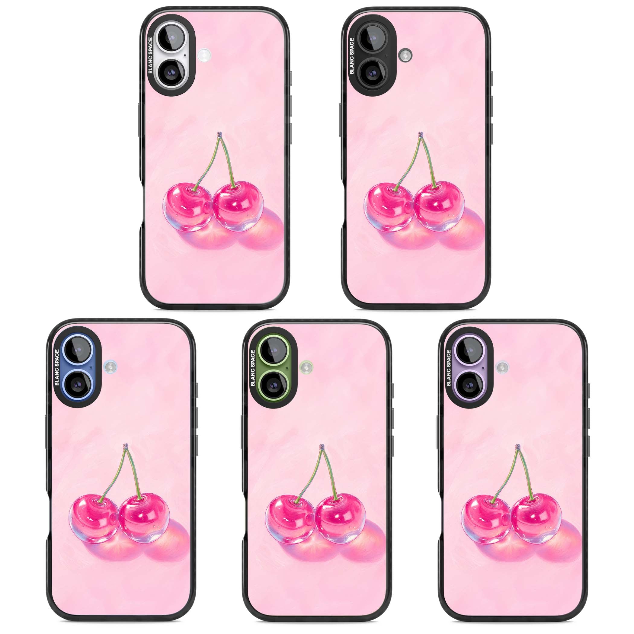 Pink Glass Cherry coquette iPhone case featuring two glossy painted cherries on a soft pink background | Clear Impact case for iPhone 17
