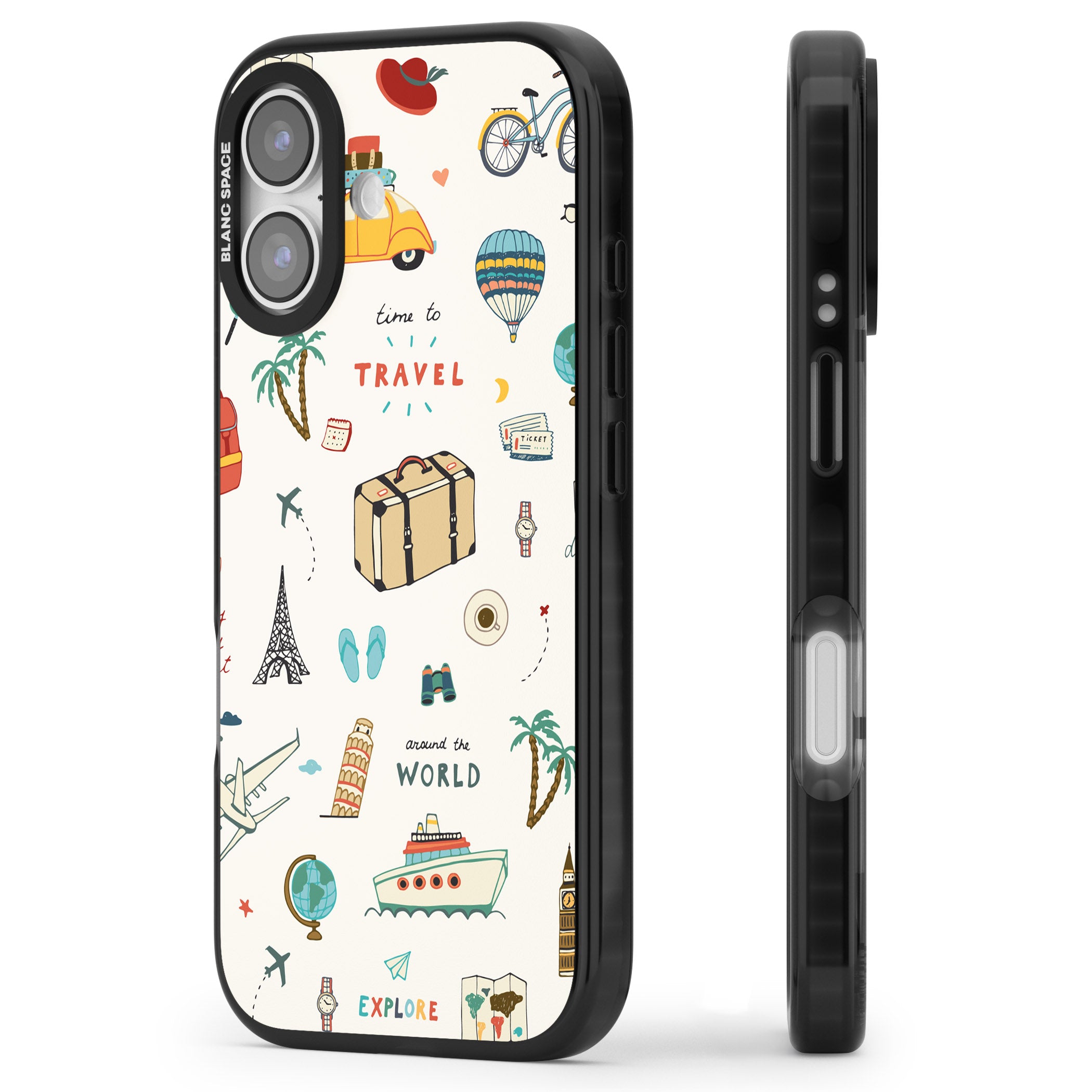 Cute Travel Pattern Cream iPhone 17 Impact Black Phone Case Side Profile