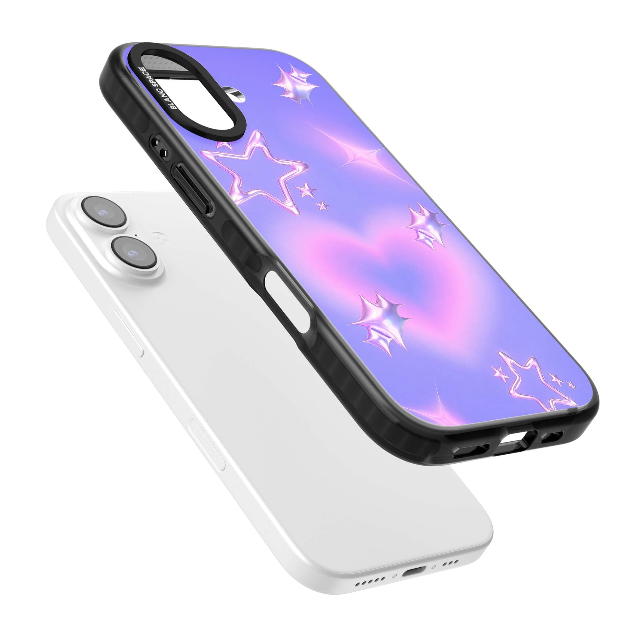 Soft Sugar Y2K iPhone case featuring iridescent chrome hearts, metallic pink stars and a lavender gradient sky | Clear Impact case for iPhone 17