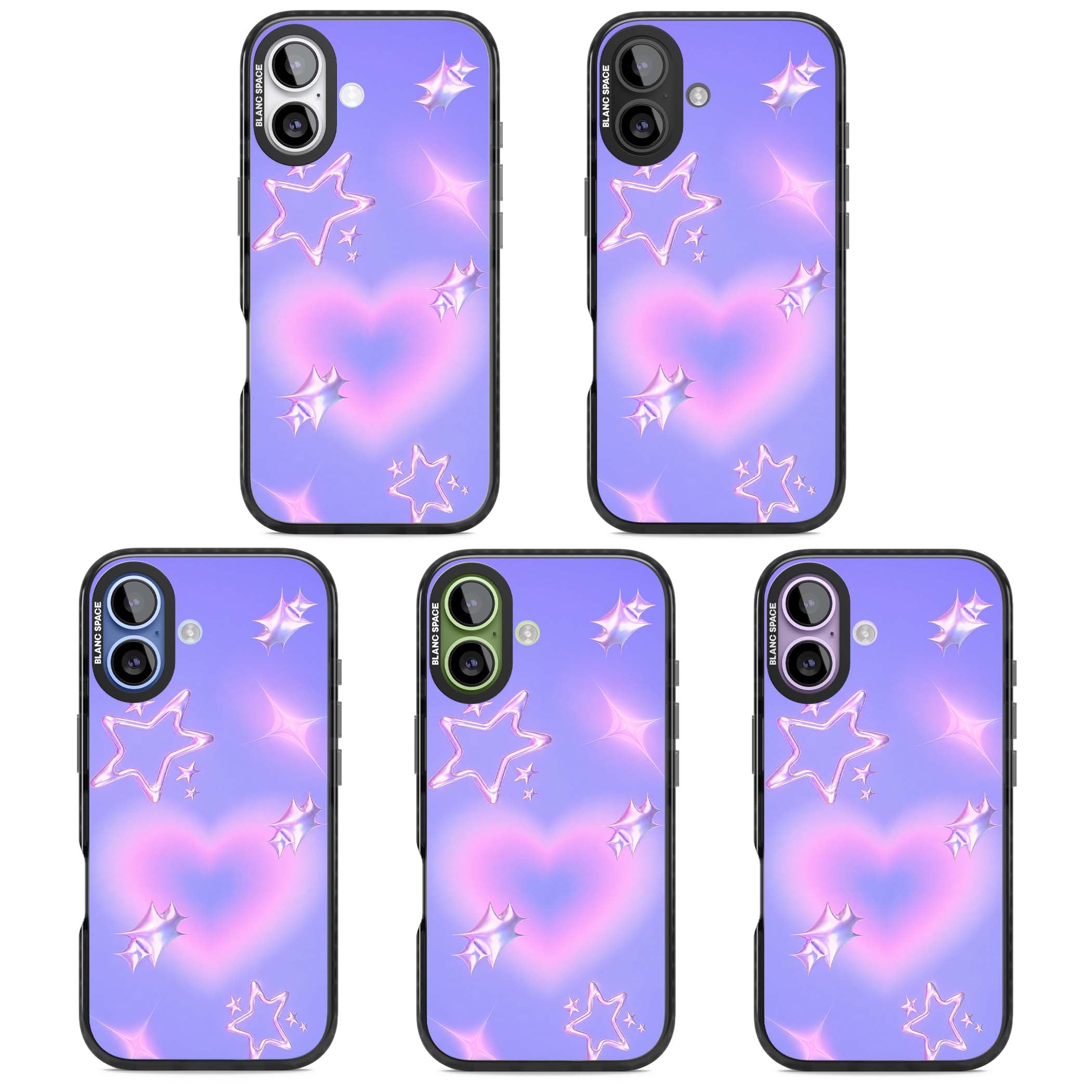 Soft Sugar Y2K iPhone case featuring iridescent chrome hearts, metallic pink stars and a lavender gradient sky | Clear Impact case for iPhone 17