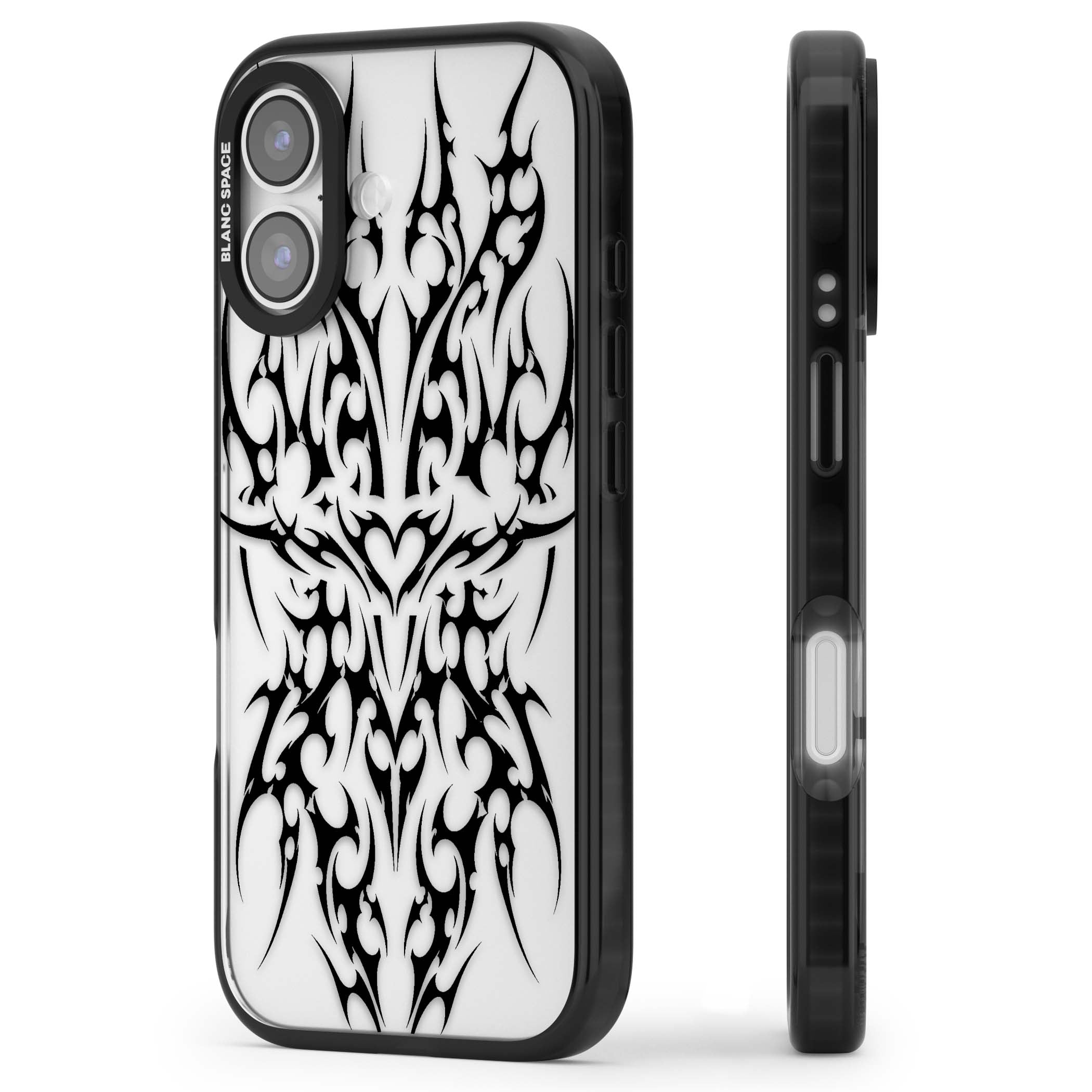 Neo Tribal Heart gothic iPhone case featuring symmetrical black tribal tattoo art with sharp thorn-like linework | Clear Impact case for iPhone 17
