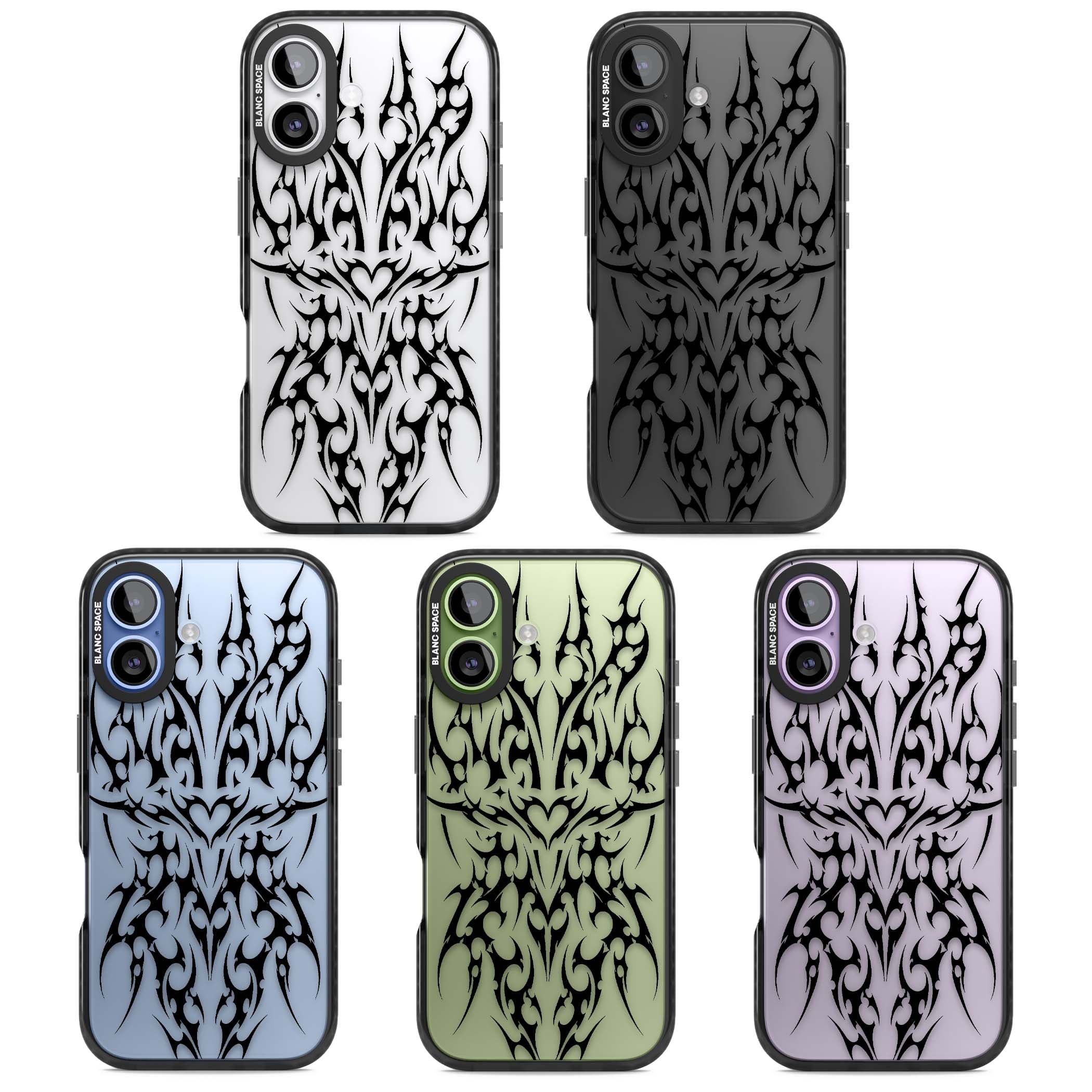Neo Tribal Heart gothic iPhone case featuring symmetrical black tribal tattoo art with sharp thorn-like linework | Clear Impact case for iPhone 17