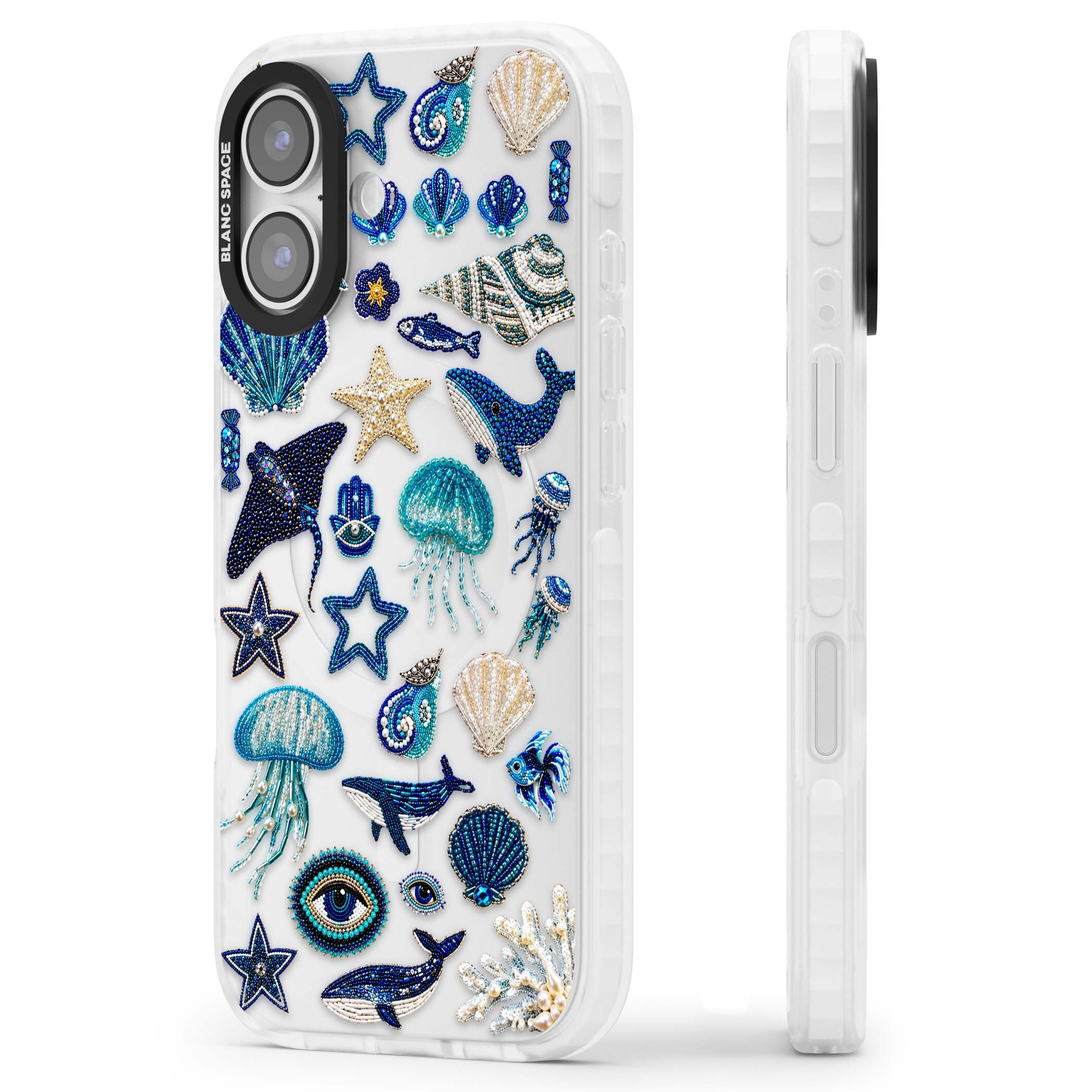 Beaded Coastal coastal iPhone case featuring embroidered seashells, jellyfish and a blue whale on clear | Black Impact case for iPhone 17