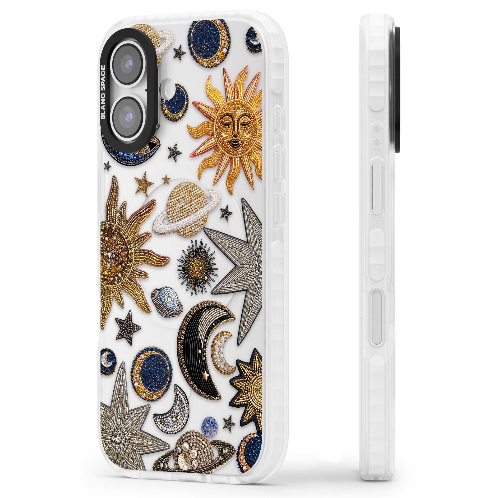 Beaded Cosmos celestial iPhone case featuring embroidered golden suns, beaded planets and silver shooting stars | Black Impact case for iPhone 17