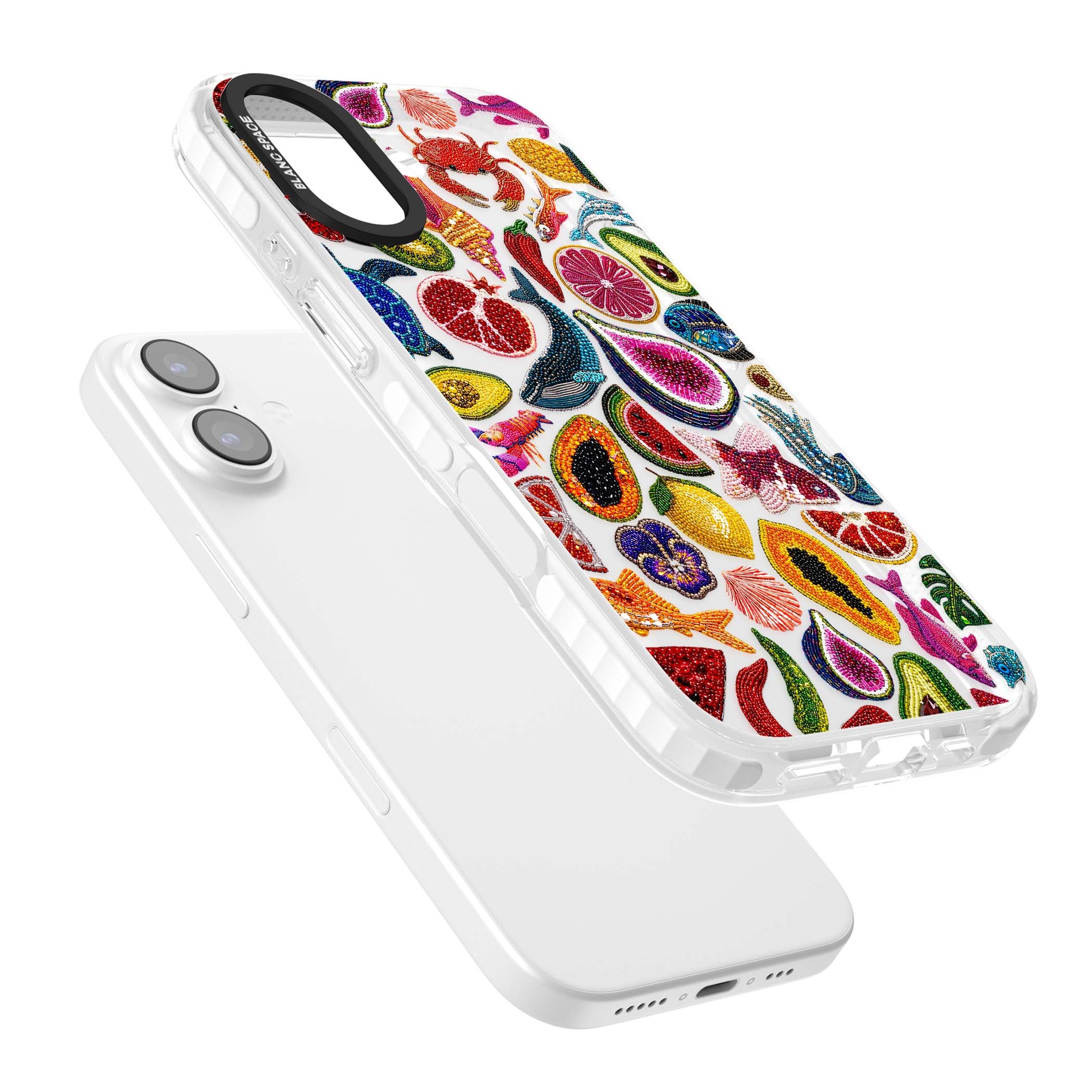 Beaded Tropic tropical iPhone case featuring beaded fruit, fish, crabs and seashells in vibrant colour | Black Impact case for iPhone 17