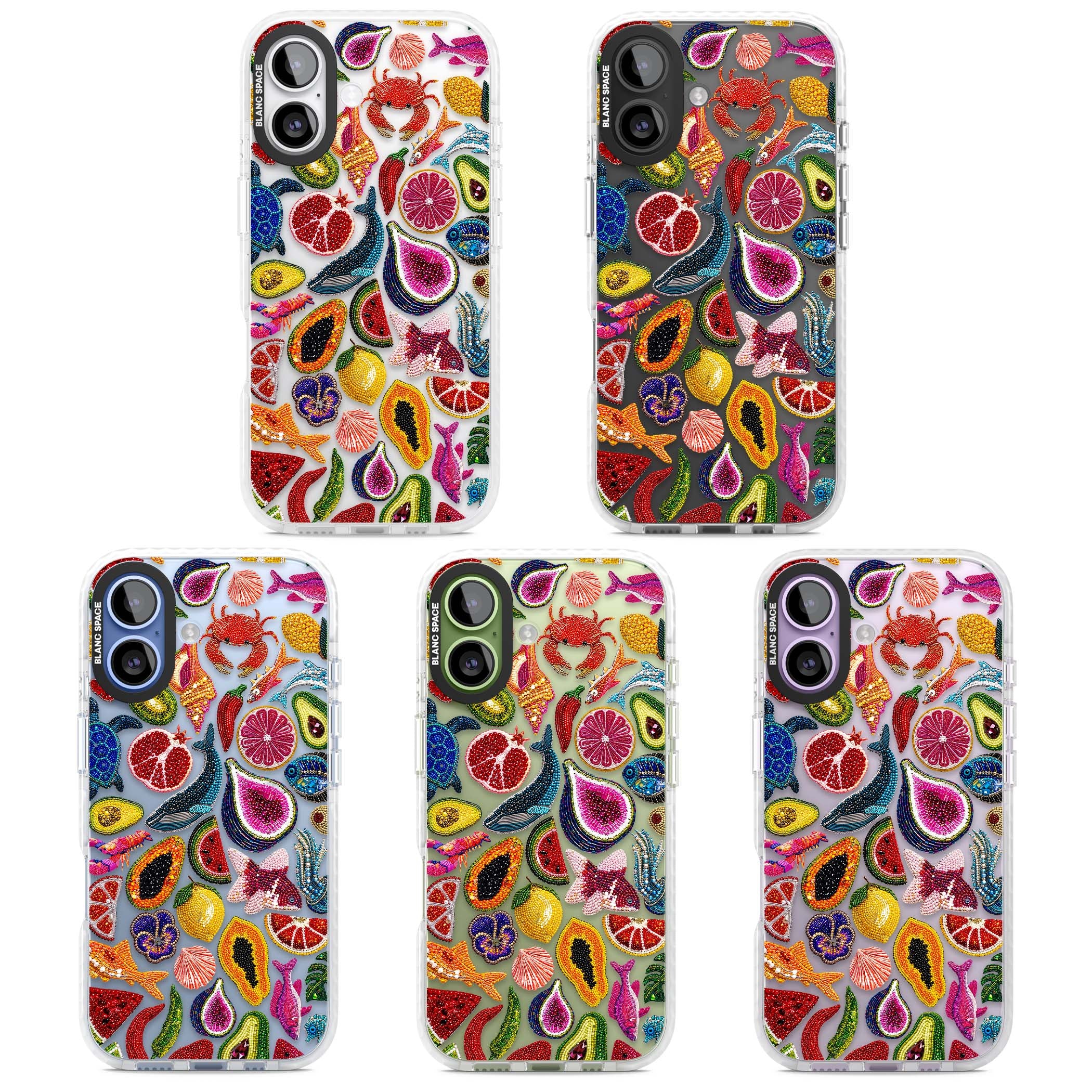 Beaded Tropic tropical iPhone case featuring beaded fruit, fish, crabs and seashells in vibrant colour | Black Impact case for iPhone 17