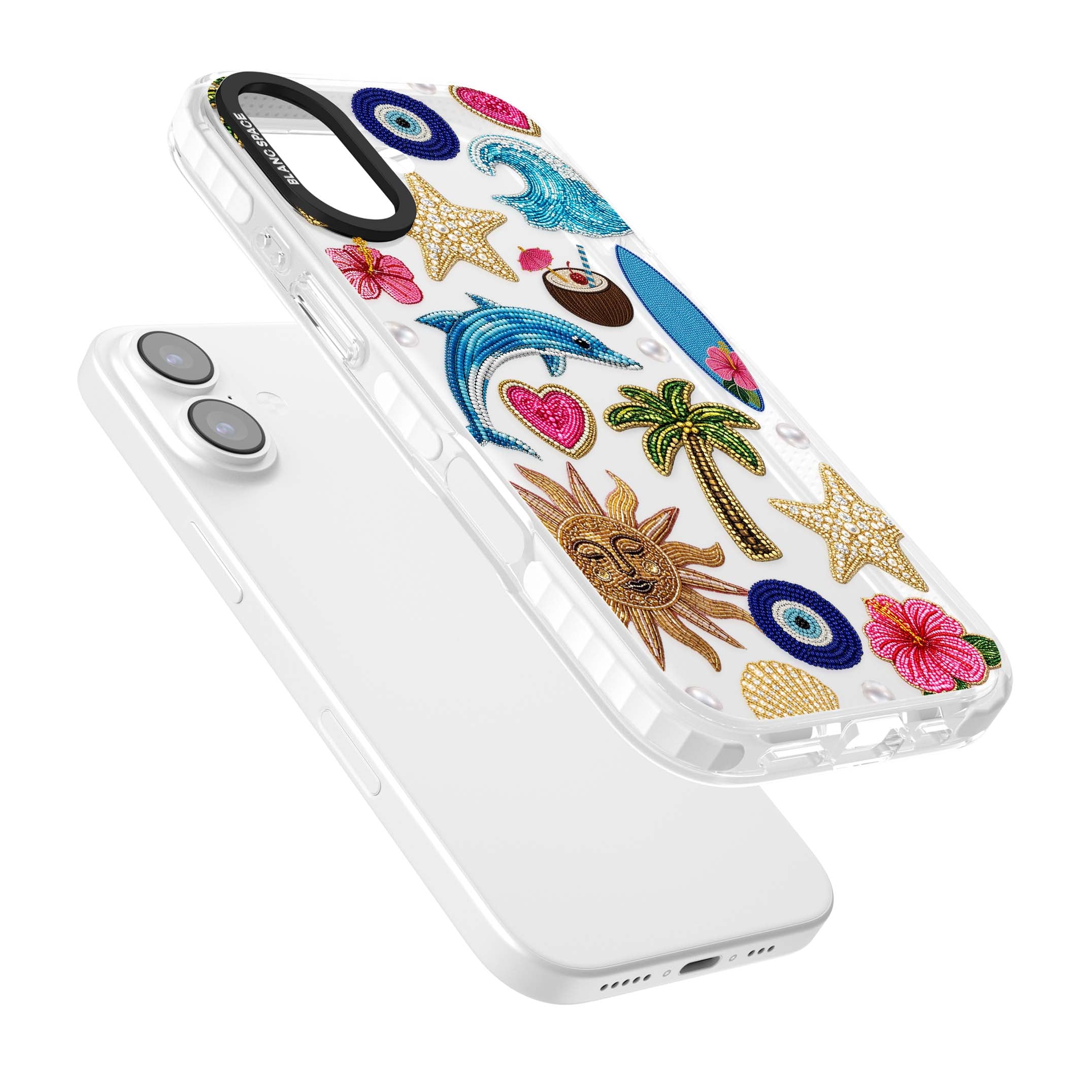 Beaded Beach coastal summer iPhone case featuring embroidered evil eye, hibiscus flowers, dolphin and palm tree patches | Black Impact case for iPhone 17