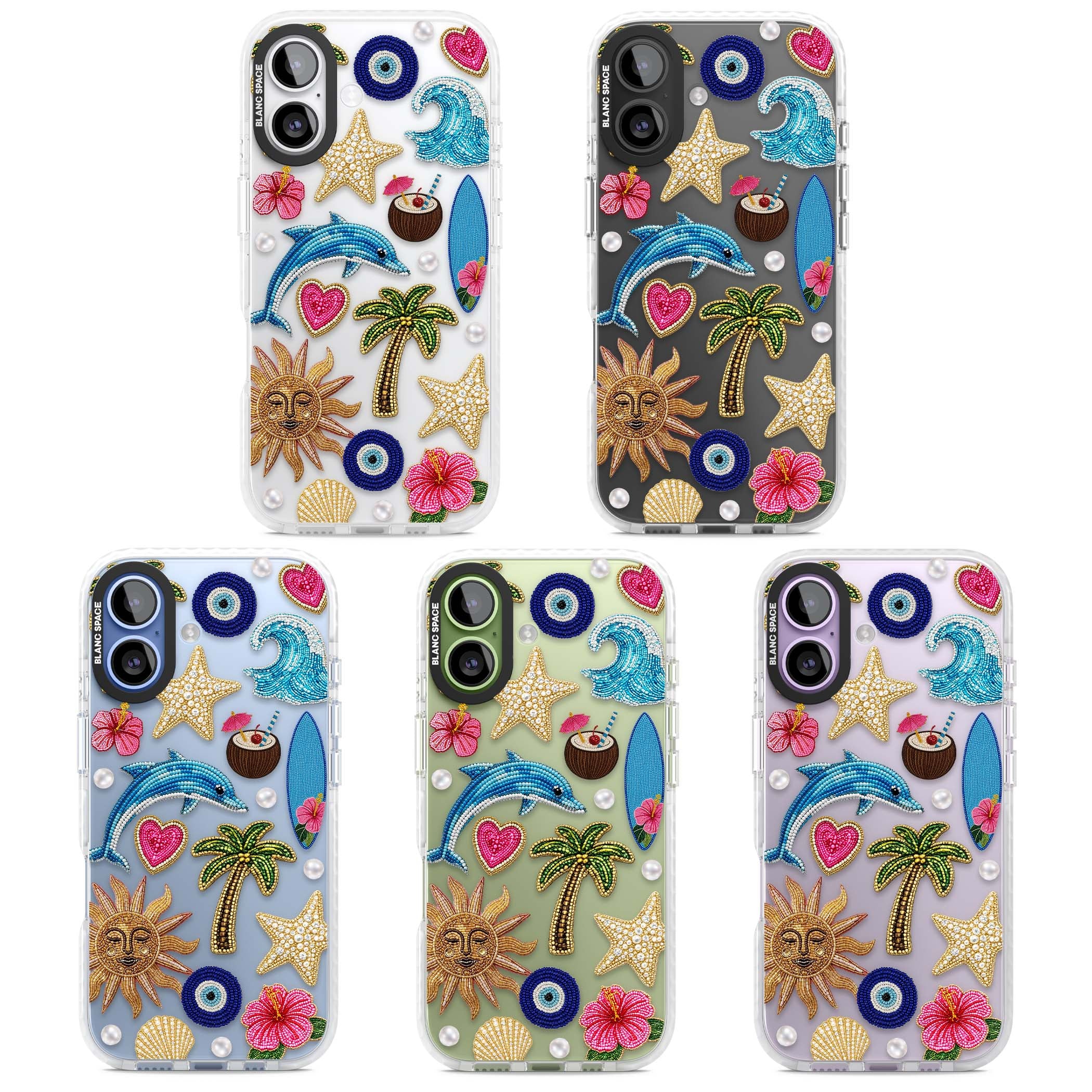 Beaded Beach coastal summer iPhone case featuring embroidered evil eye, hibiscus flowers, dolphin and palm tree patches | Black Impact case for iPhone 17