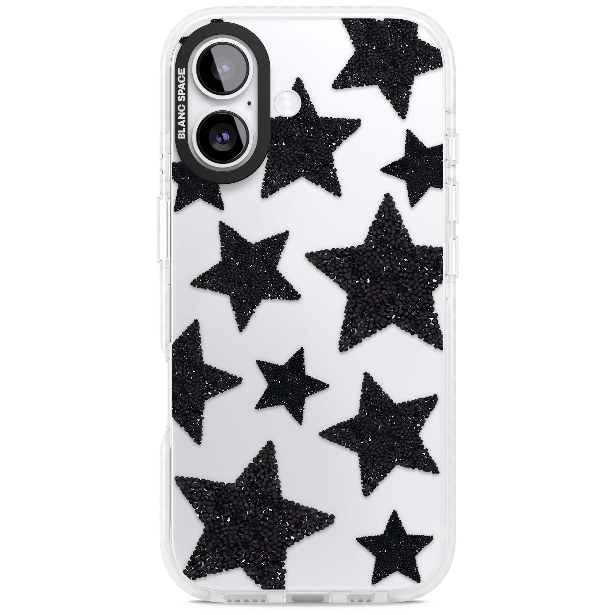 Beaded Black Stars celestial iPhone case featuring black glitter beaded stars scattered on a clear background | Black Impact case for iPhone 17