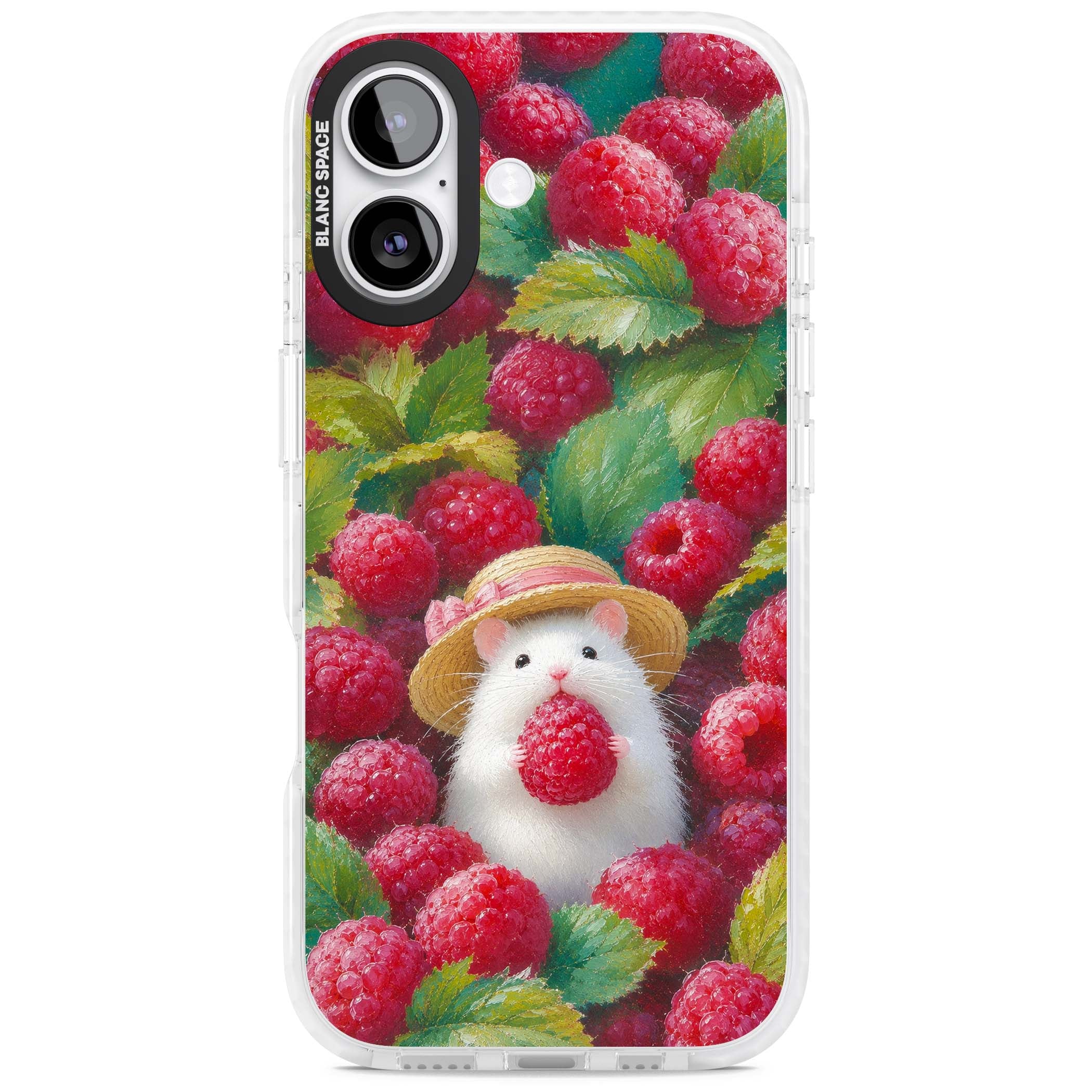 Berry Forager cottagecore iPhone case featuring a white hamster in a straw hat holding a raspberry surrounded by ripe ber | Black Impact case for iPhone 17
