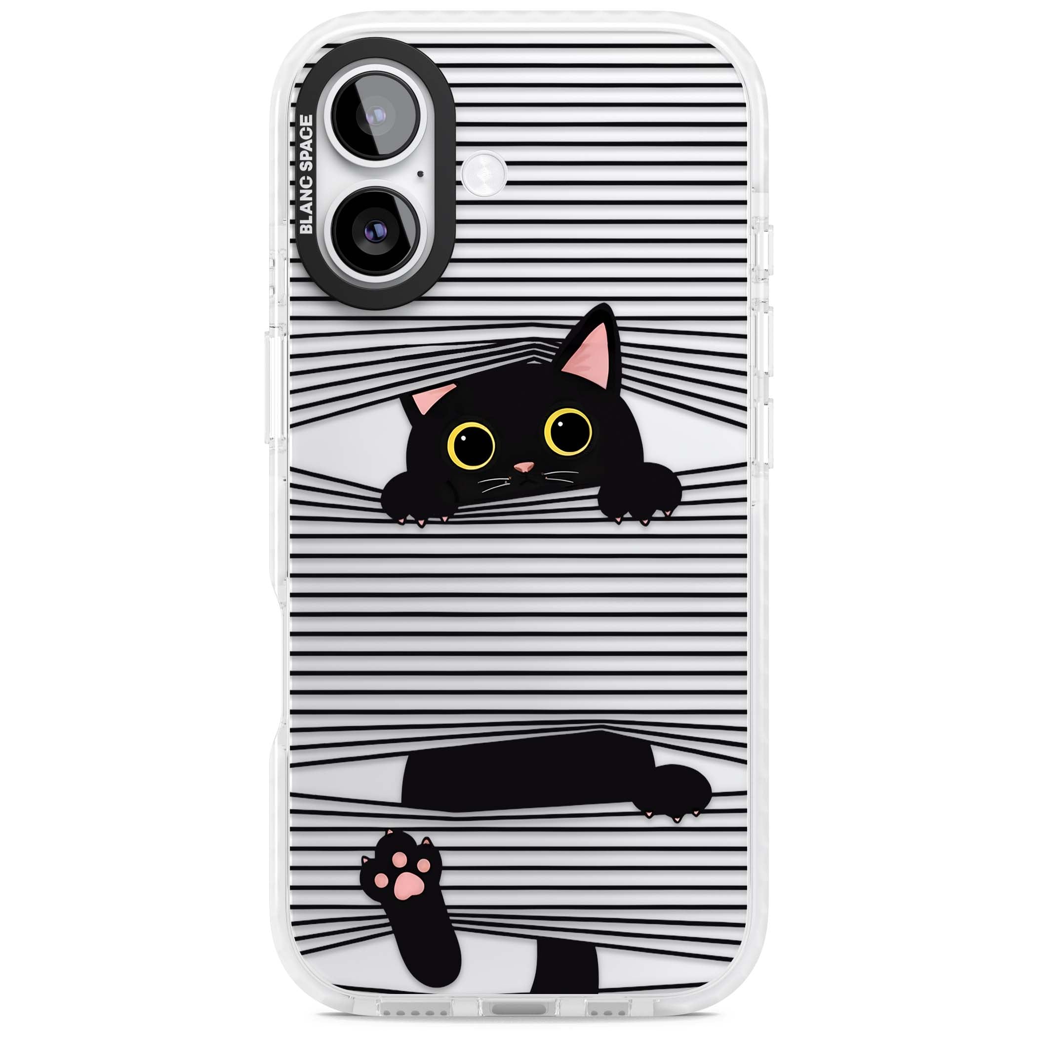 Peek-a-Boo Cat minimal iPhone case featuring black cat peeking through horizontal black and white stripes | Black Impact case for iPhone 17