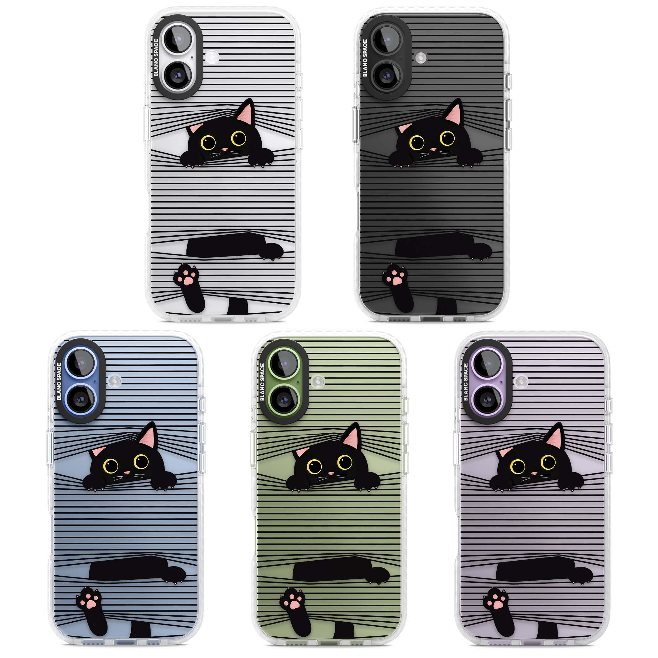 Peek-a-Boo Cat minimal iPhone case featuring black cat peeking through horizontal black and white stripes | Black Impact case for iPhone 17