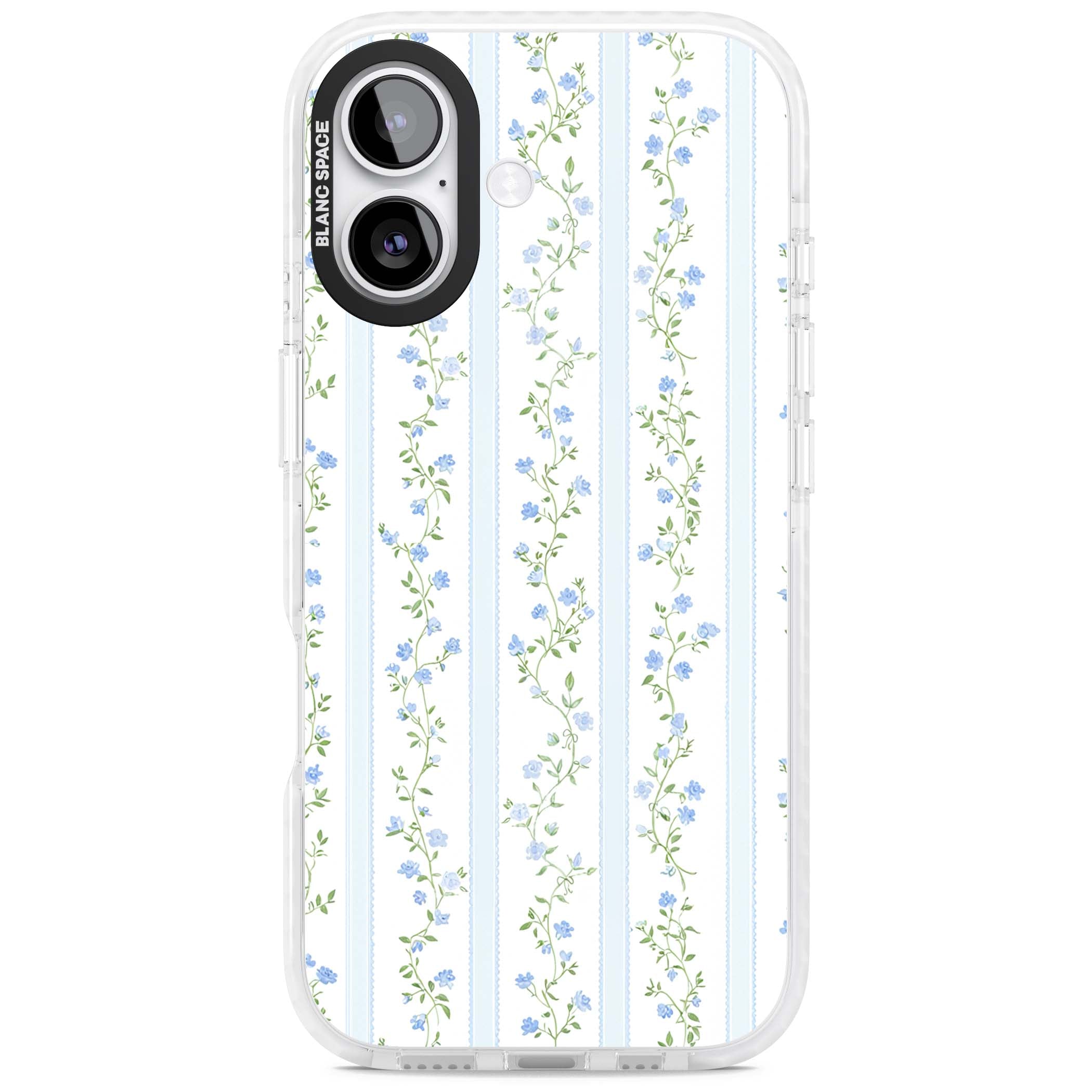 Bluebell Vine cottagecore iPhone case featuring climbing blue roses, trailing green vines, and pale ticking stripes | Black Impact case for iPhone 17