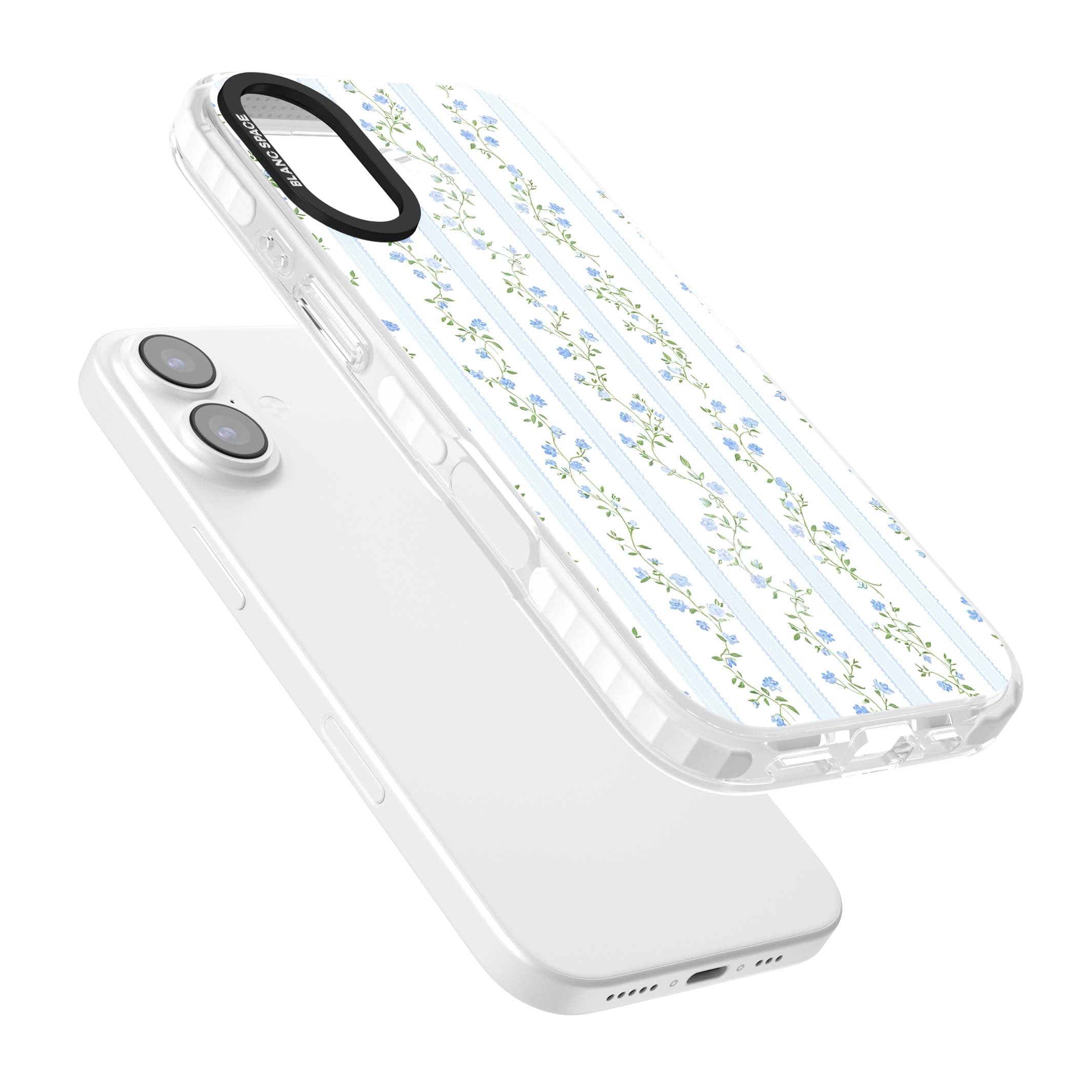Bluebell Vine cottagecore iPhone case featuring climbing blue roses, trailing green vines, and pale ticking stripes | Black Impact case for iPhone 17