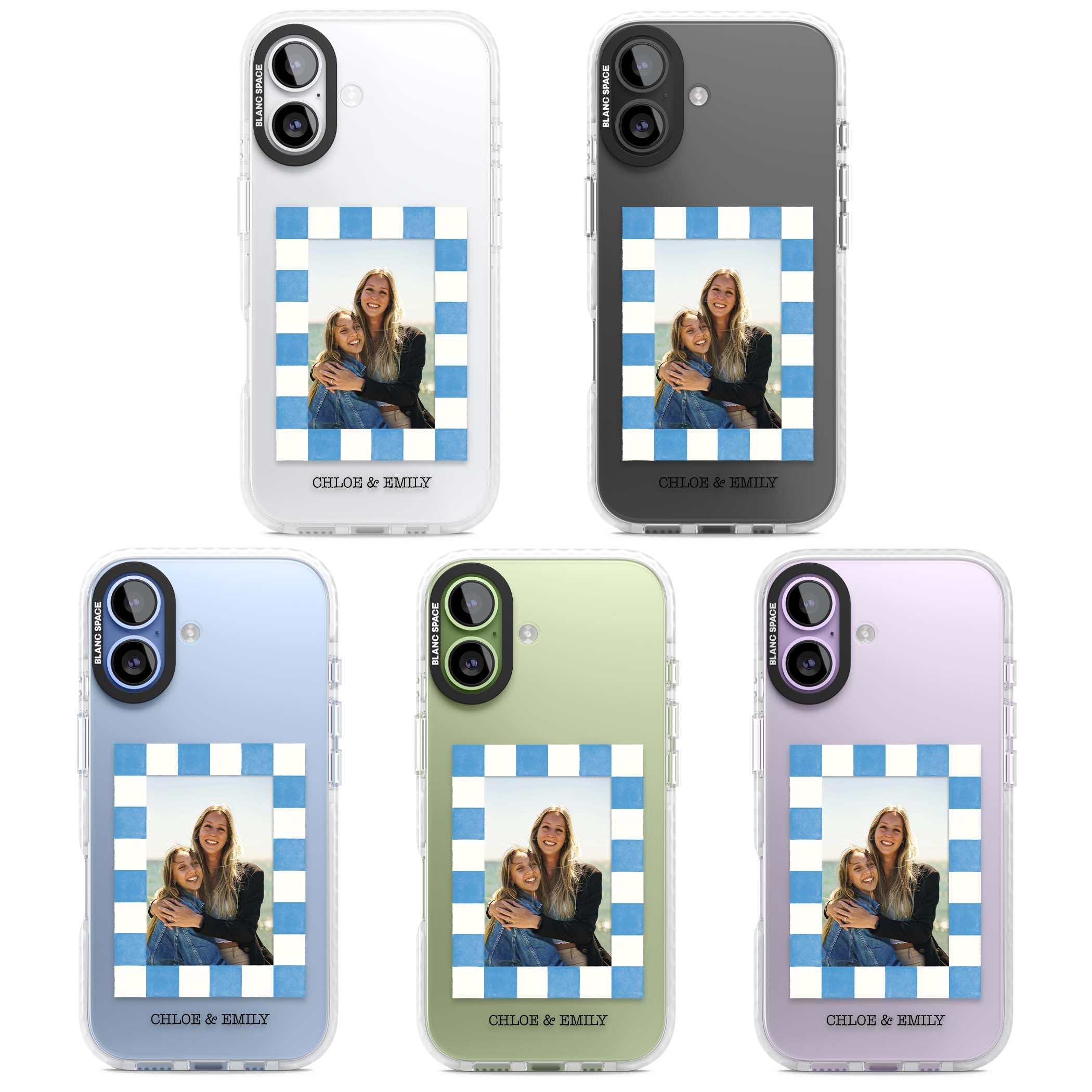 Blue Check Photo personalised photo iPhone case with blue checkered frame and custom couple names | Black Impact case for iPhone 17