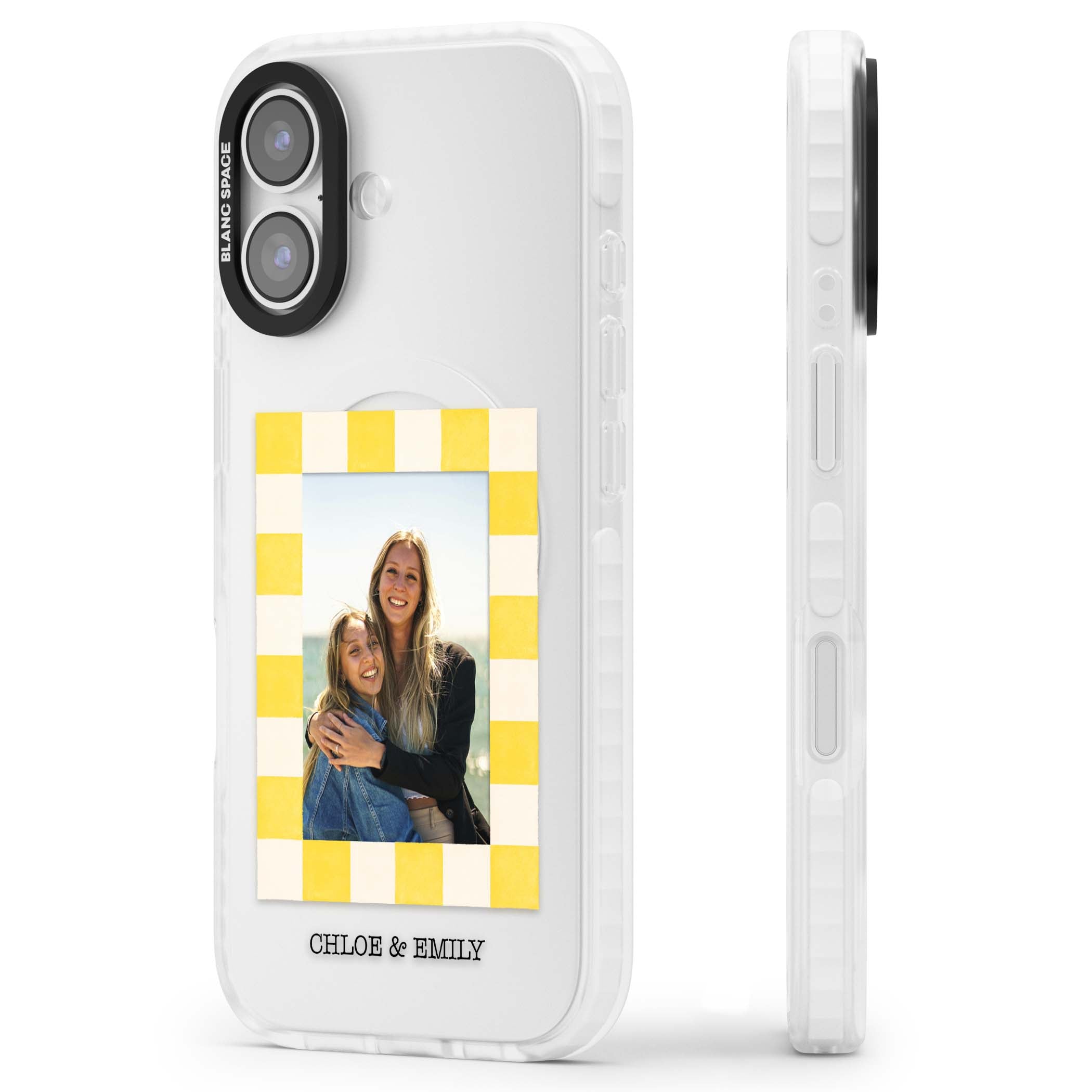 Yellow Check Photo personalised iPhone case with yellow checkered Polaroid frame and custom names beneath | Black Impact case for iPhone 17