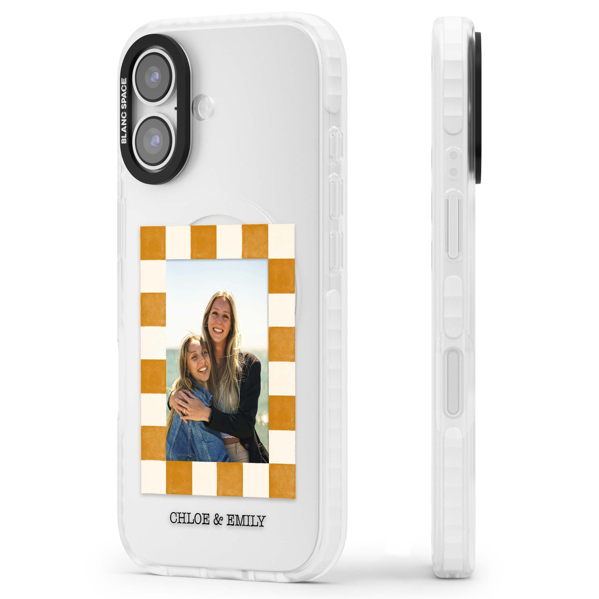 Citrus Check Photo personalised iPhone case with custom photo, orange checkered frame and names underneath | Black Impact case for iPhone 17