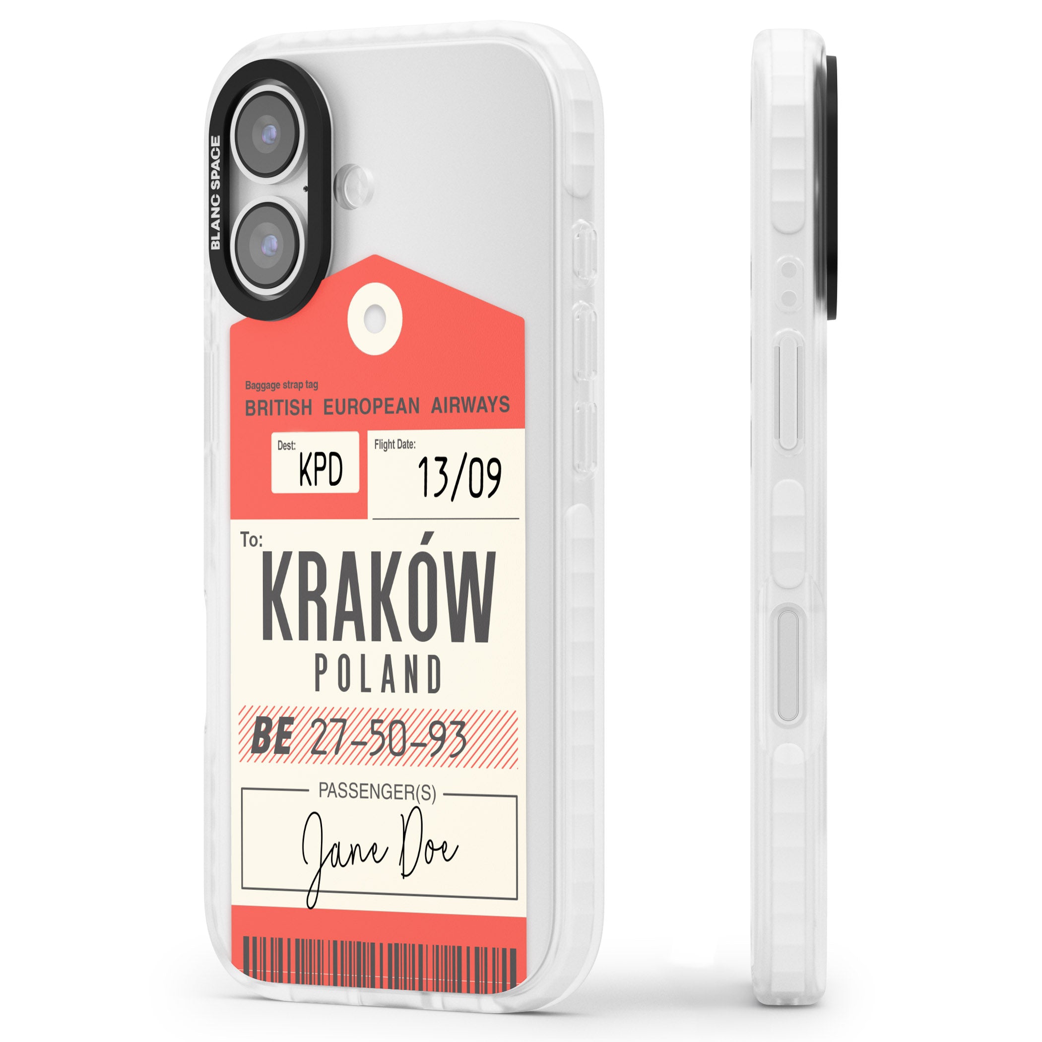 Personalised Vintage Bea Luggage Tag iPhone 17 Impact Clear Phone Case Side Profile