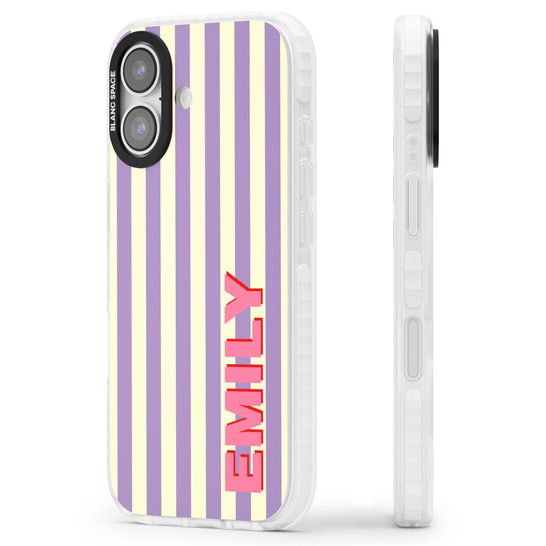 Valensole Stripe personalised iPhone case with purple and cream vertical stripes and pink custom name | Black Impact case for iPhone 17
