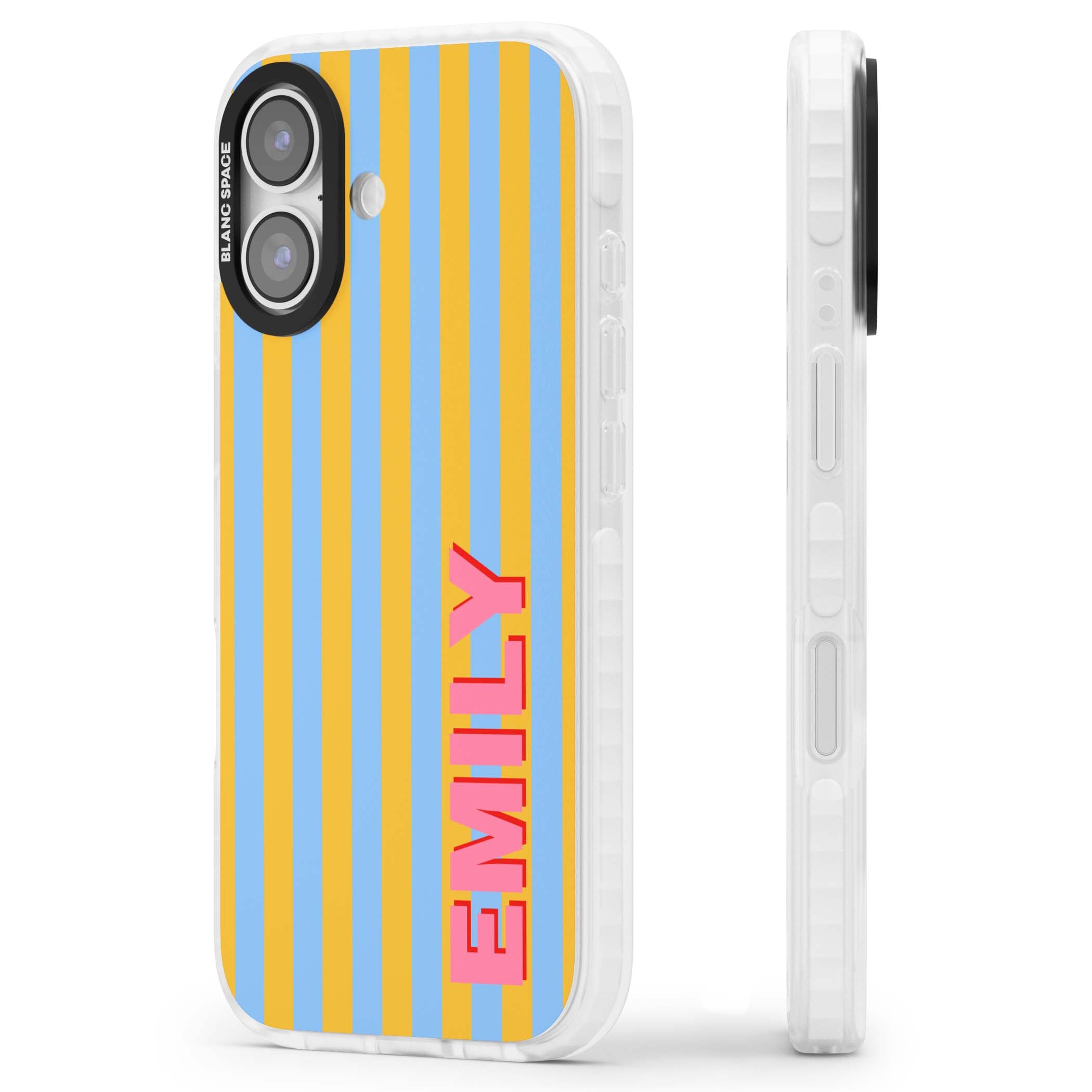 Carribean Stripe personalised coastal iPhone case with yellow and blue vertical stripes and a custom pink name | Black Impact case for iPhone 17