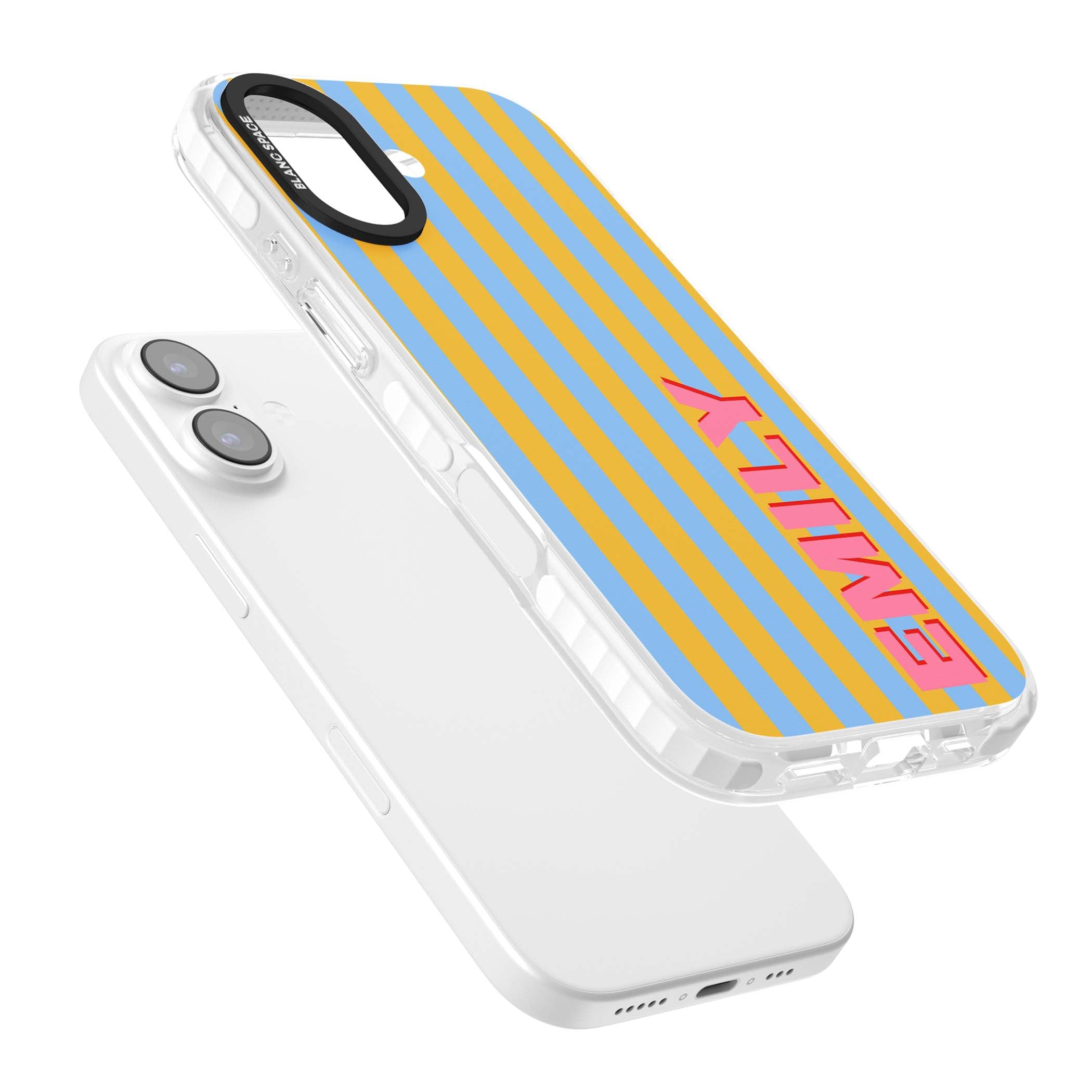 Carribean Stripe personalised coastal iPhone case with yellow and blue vertical stripes and a custom pink name | Black Impact case for iPhone 17
