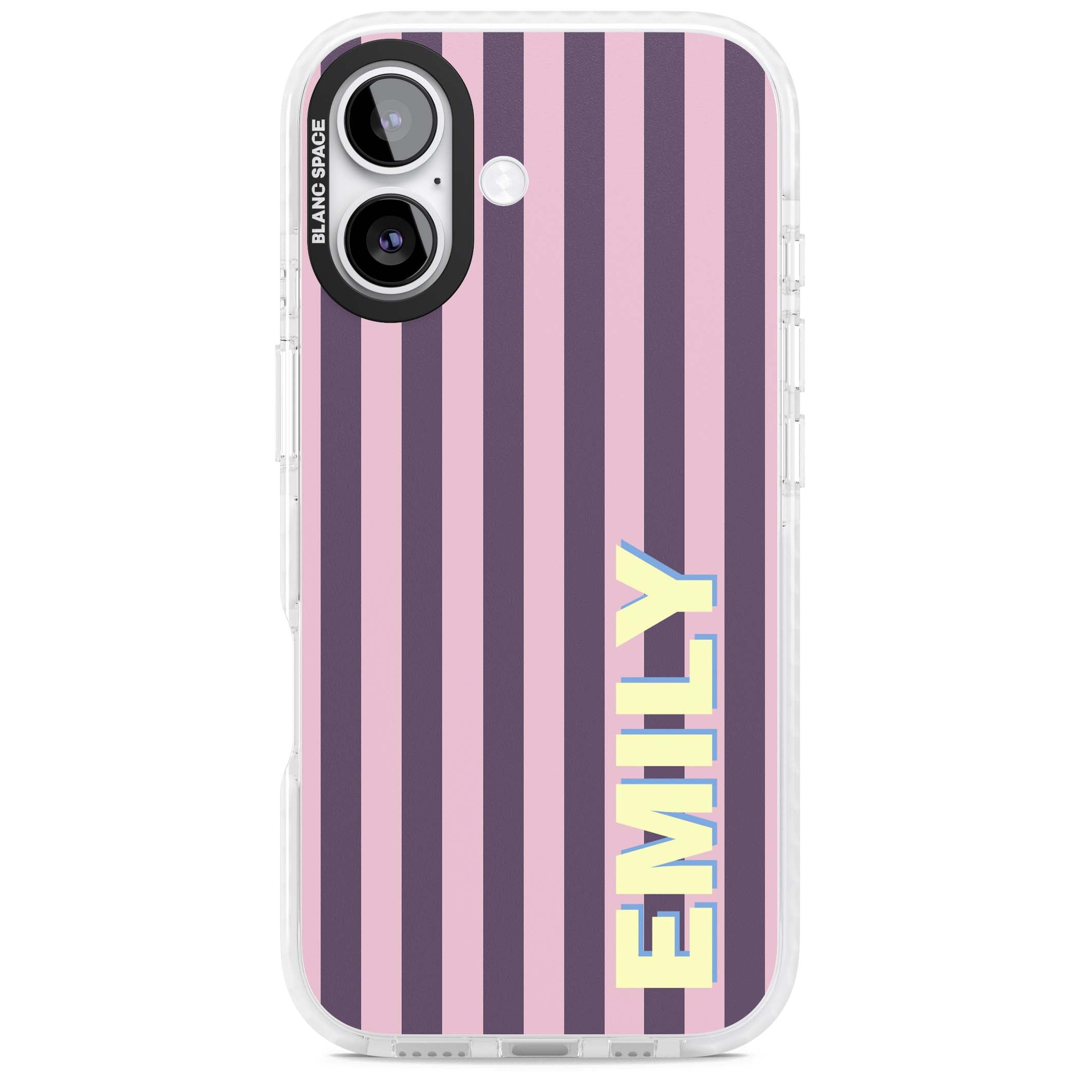 Tyre Stripe personalised stripe iPhone case with plum and pink vertical stripes and custom yellow name | Black Impact case for iPhone 17