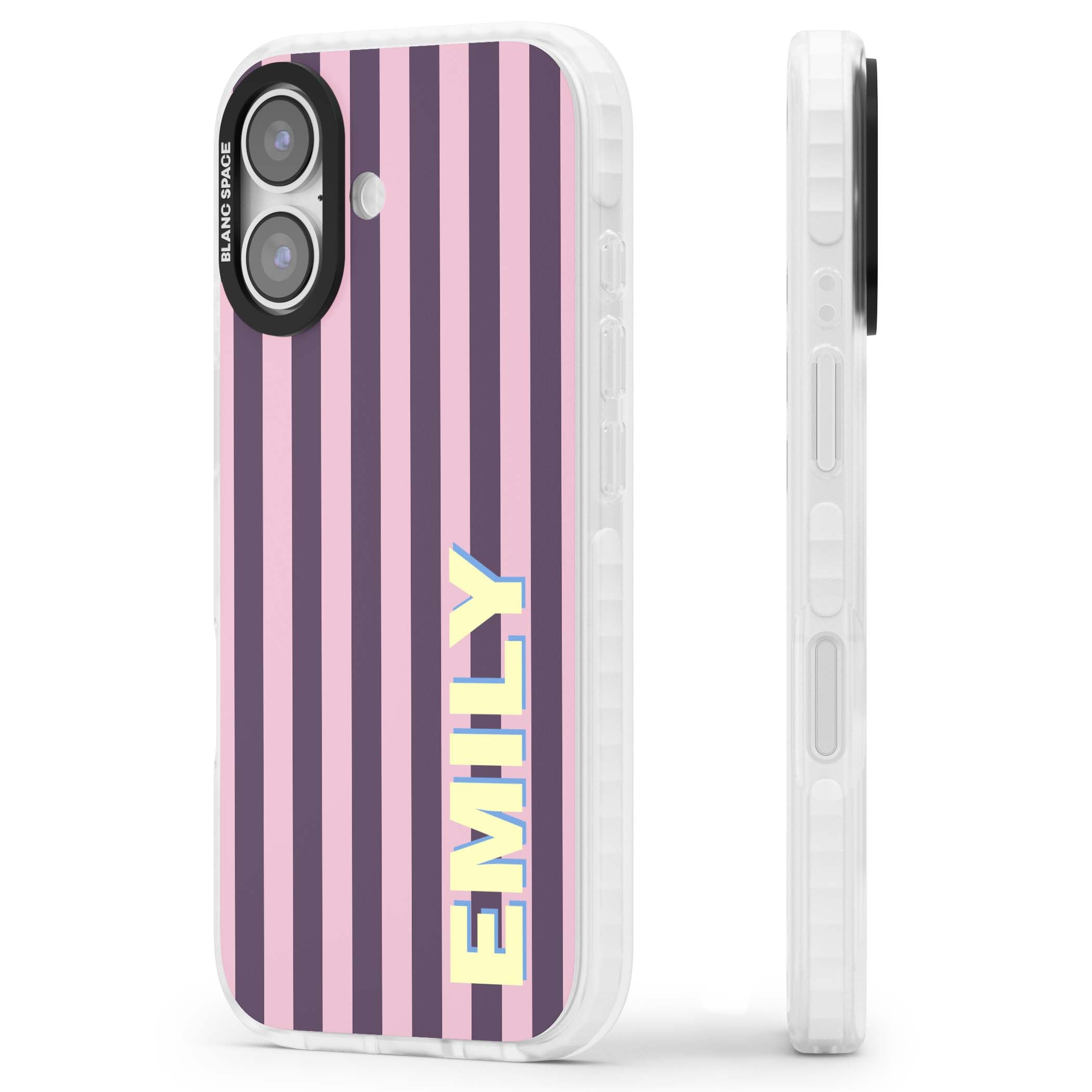 Tyre Stripe personalised stripe iPhone case with plum and pink vertical stripes and custom yellow name | Black Impact case for iPhone 17