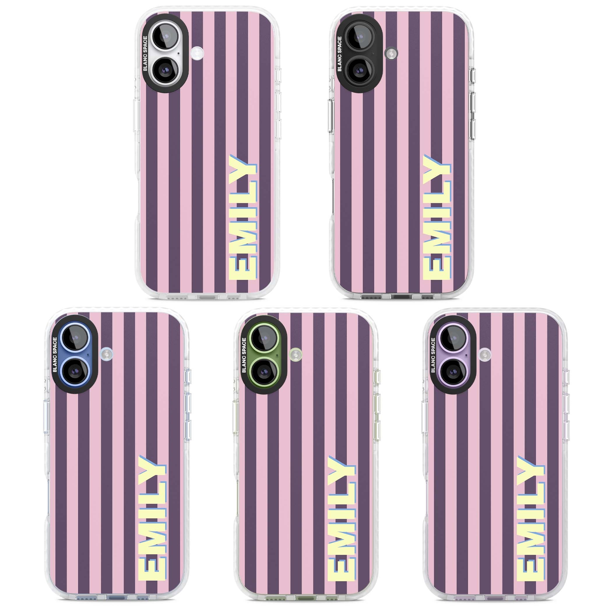 Tyre Stripe personalised stripe iPhone case with plum and pink vertical stripes and custom yellow name | Black Impact case for iPhone 17