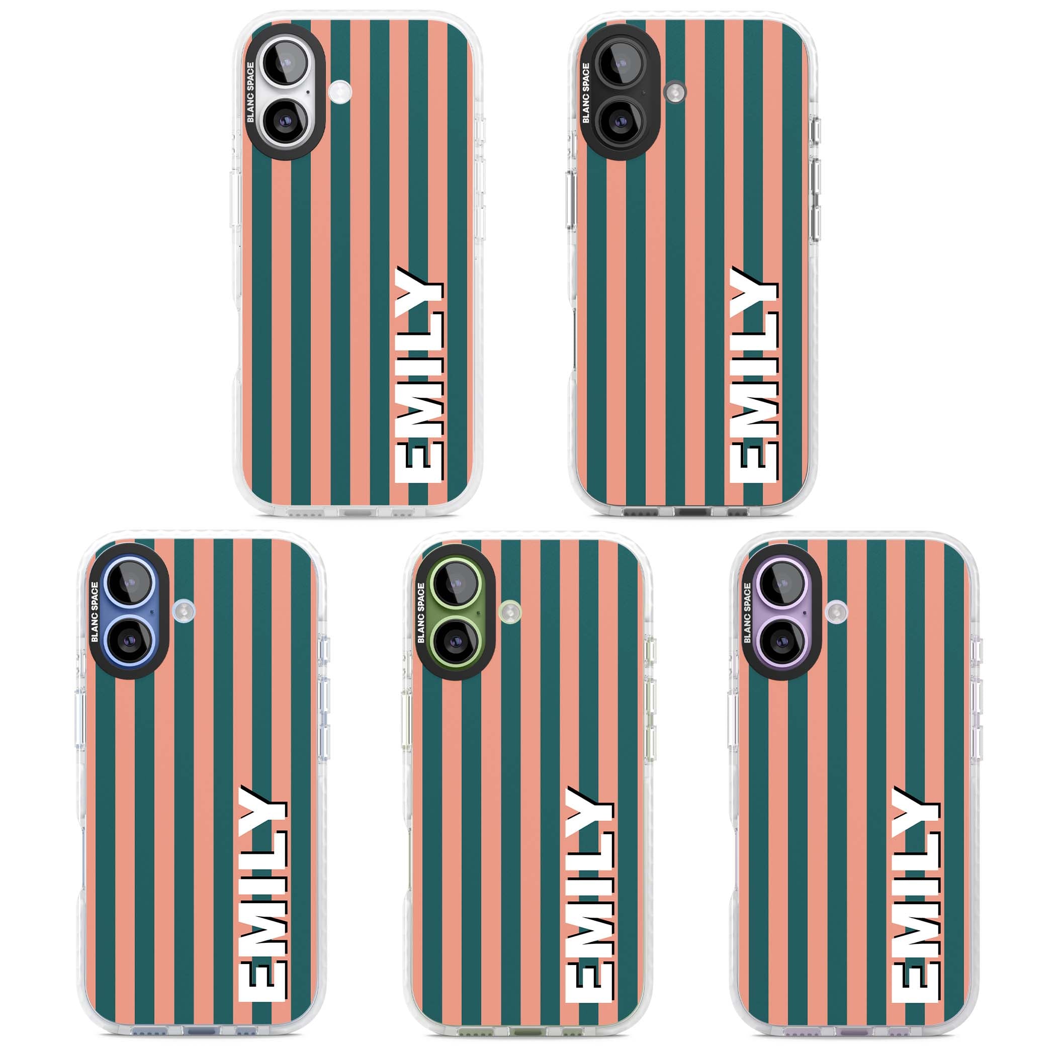 Tuscan Stripe personalised iPhone case featuring coral and green vertical stripes with bold custom name | Black Impact case for iPhone 17
