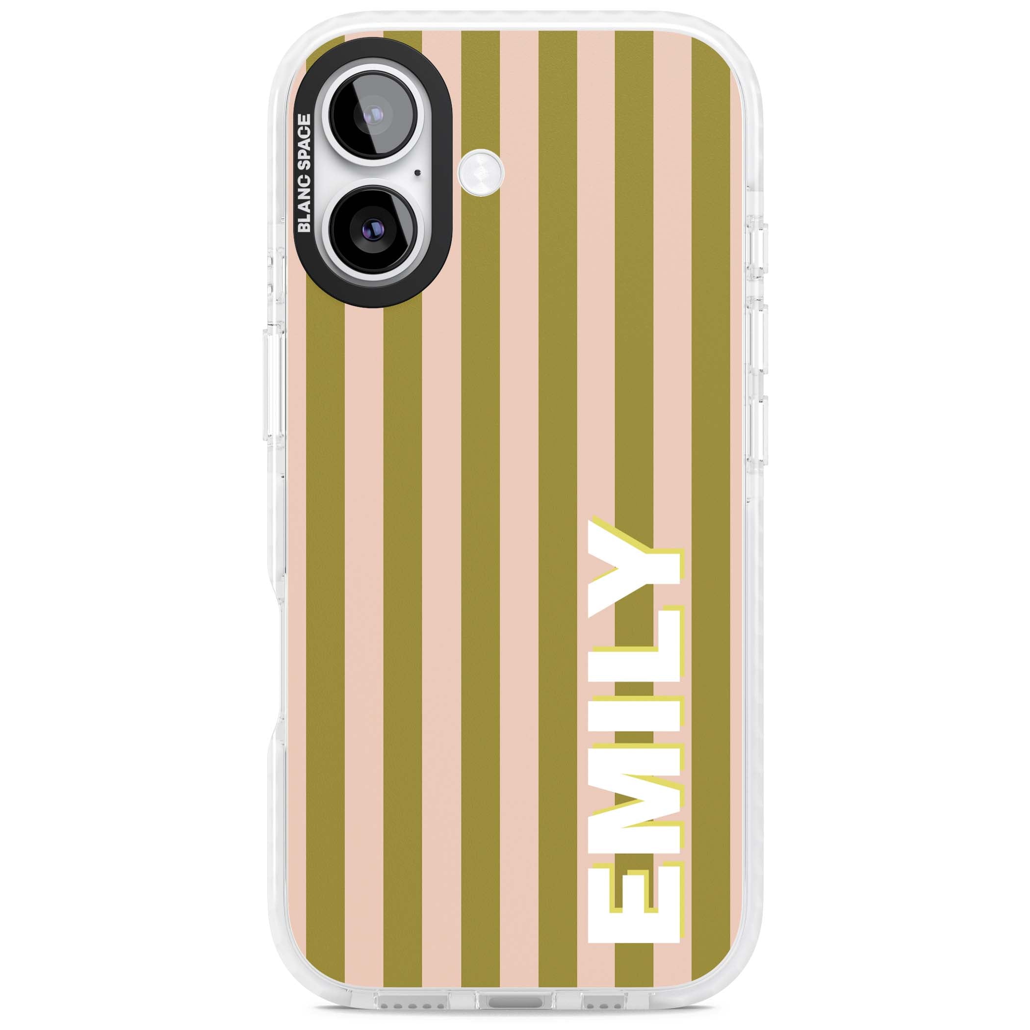 Indian Stripe personalised iPhone case featuring olive green and blush pink vertical stripes with custom name in whit | Black Impact case for iPhone 17