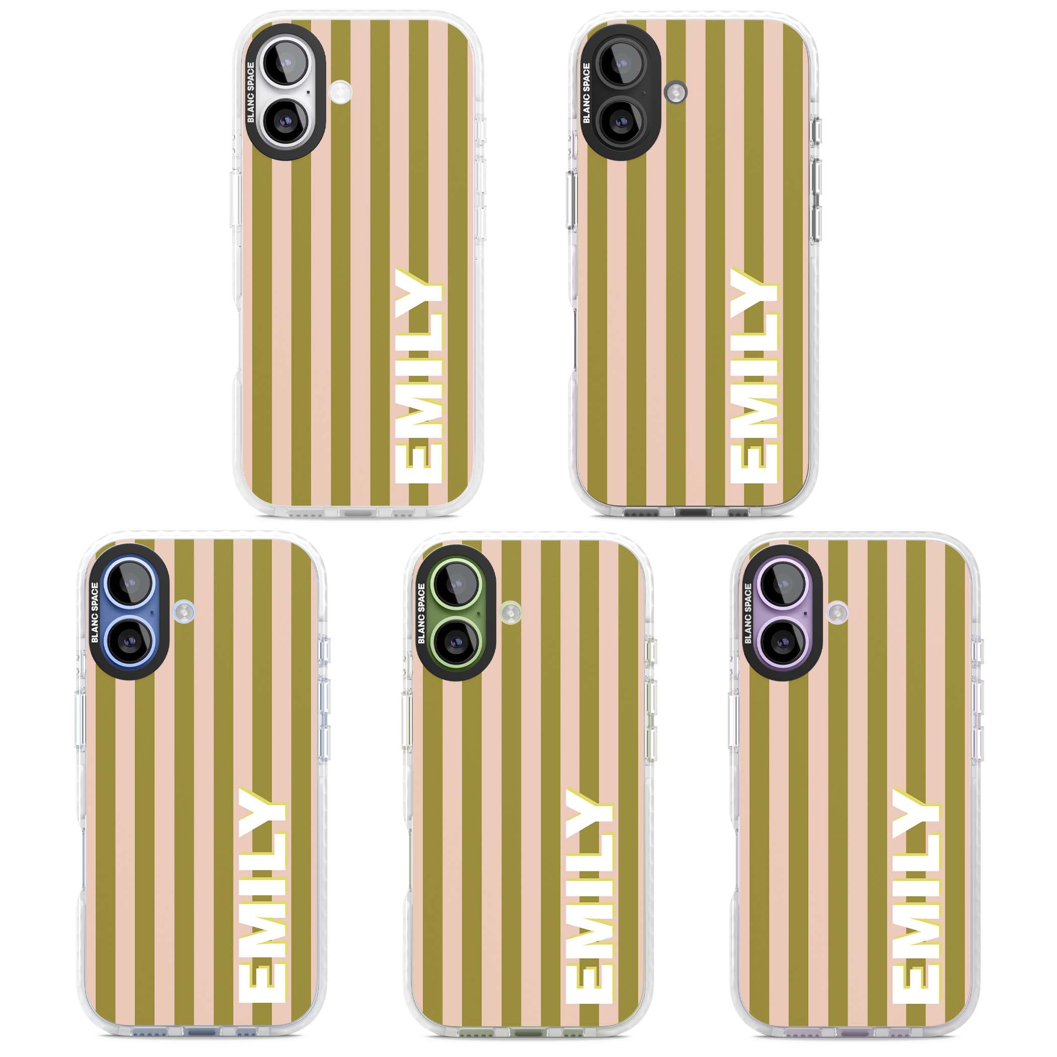 Indian Stripe personalised iPhone case featuring olive green and blush pink vertical stripes with custom name in whit | Black Impact case for iPhone 17