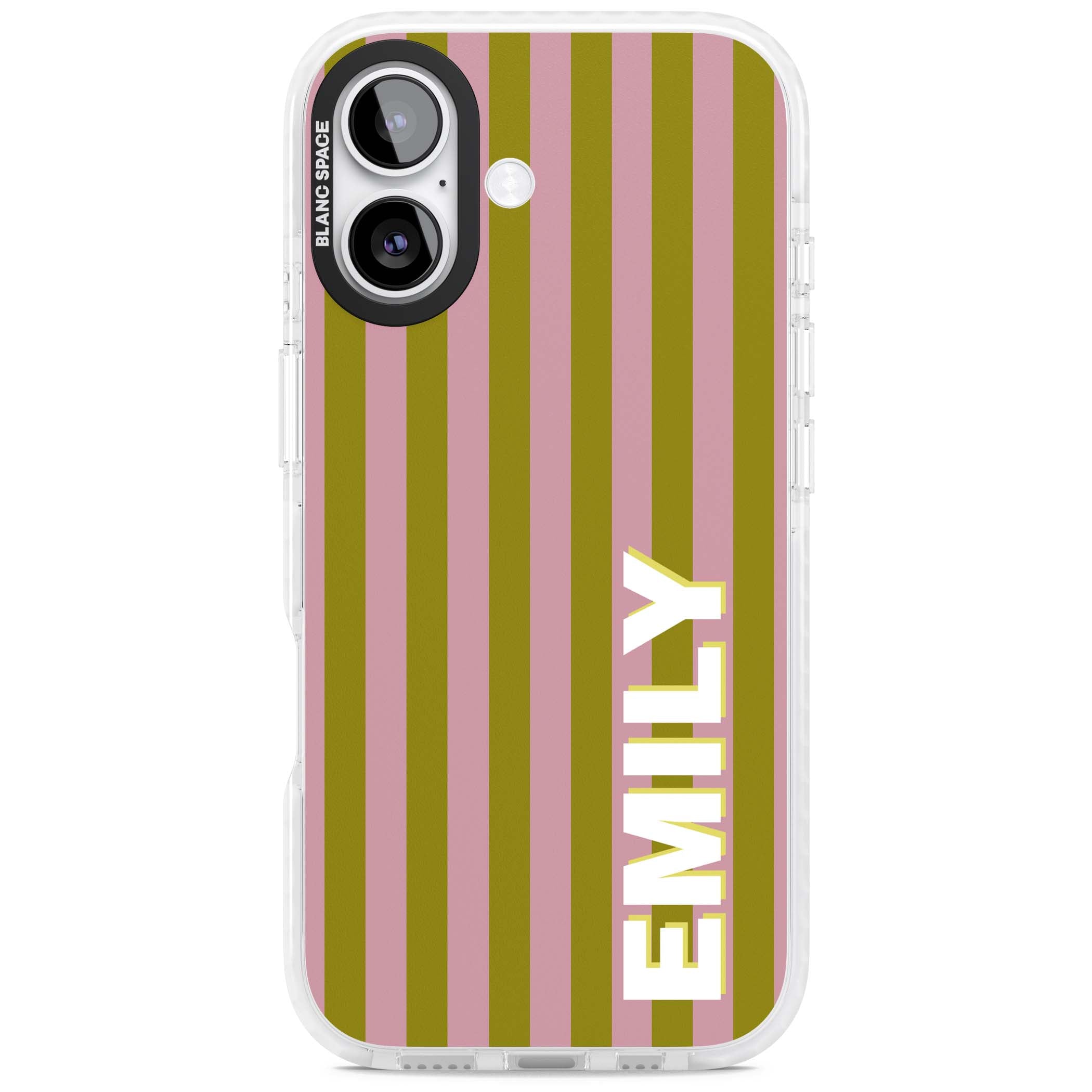 Istanbul Stripe personalised iPhone case featuring pink and olive green vertical stripes with a custom vertical name | Black Impact case for iPhone 17