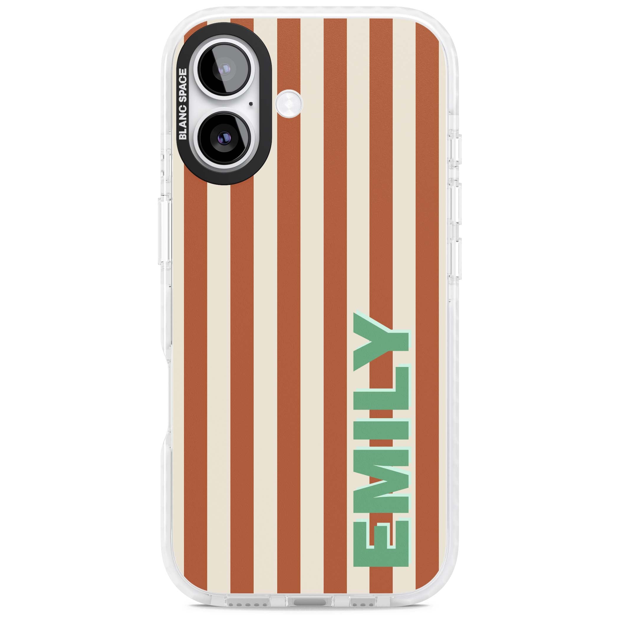 Dune Stripe personalised iPhone case with rust and cream vertical stripes and custom name in mint green | Black Impact case for iPhone 17