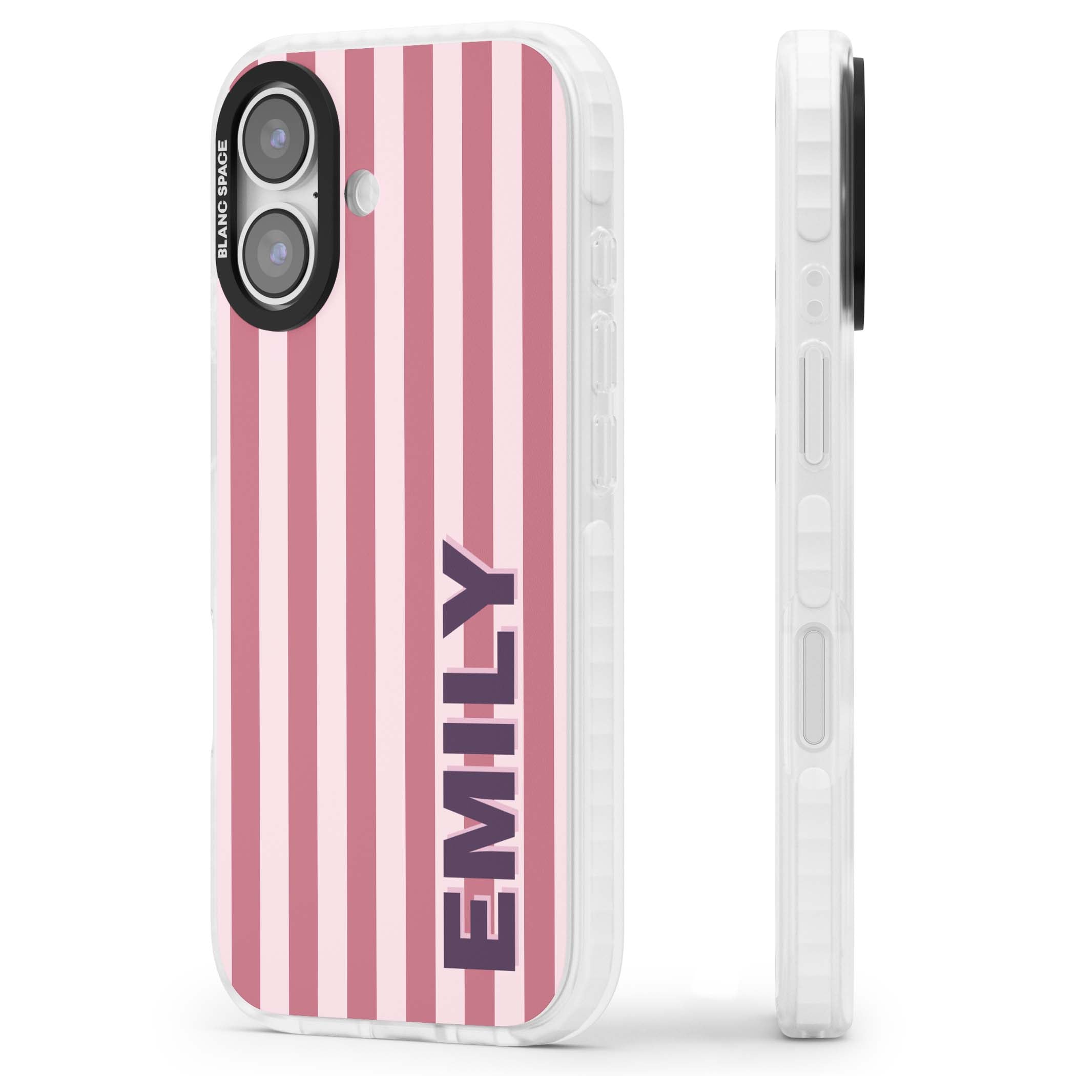 Victoria Stripe personalised iPhone case featuring pink vertical stripes and custom name in bold plum lettering | Black Impact case for iPhone 17