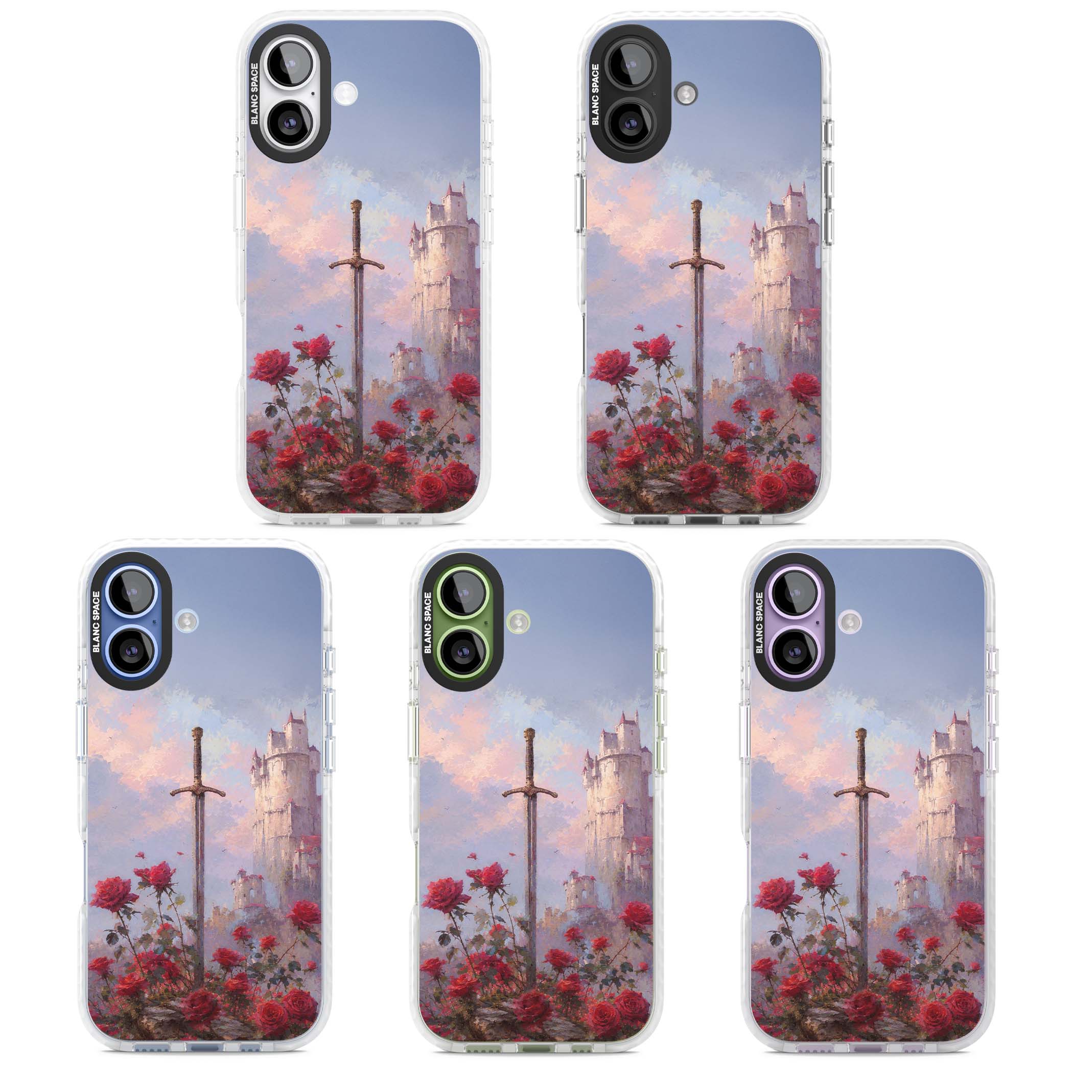 Sword in Roses medieval art iPhone case featuring a sword, red roses, and a misty fairytale castle at sunset | Black Impact case for iPhone 17