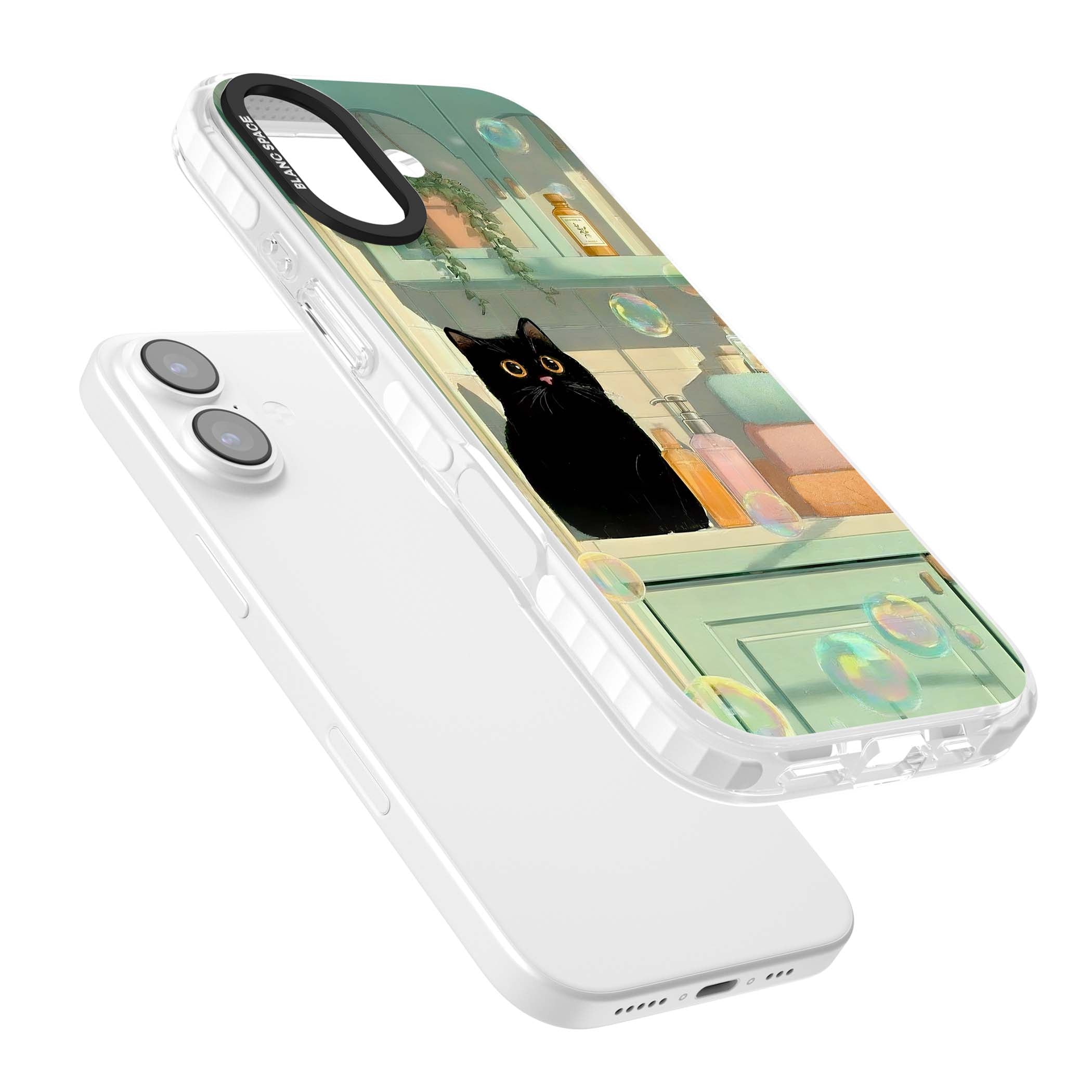 Bathroom Bubble Kitty cottagecore iPhone case featuring a black cat, mint bathroom scene and floating soap bubbles | Black Impact case for iPhone 17