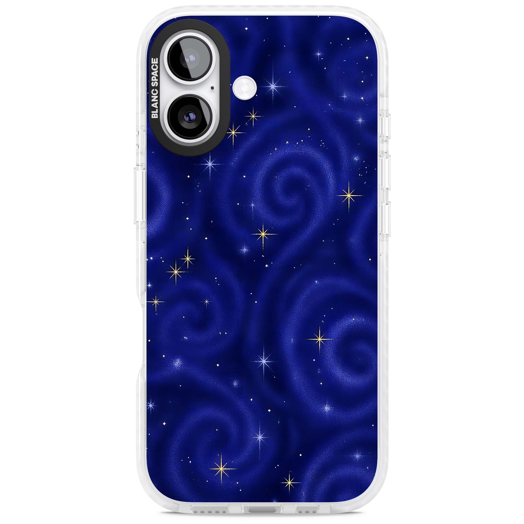 Indigo Cosmos celestial iPhone case featuring swirling navy night sky and sparkling golden stars | Black Impact case for iPhone 17