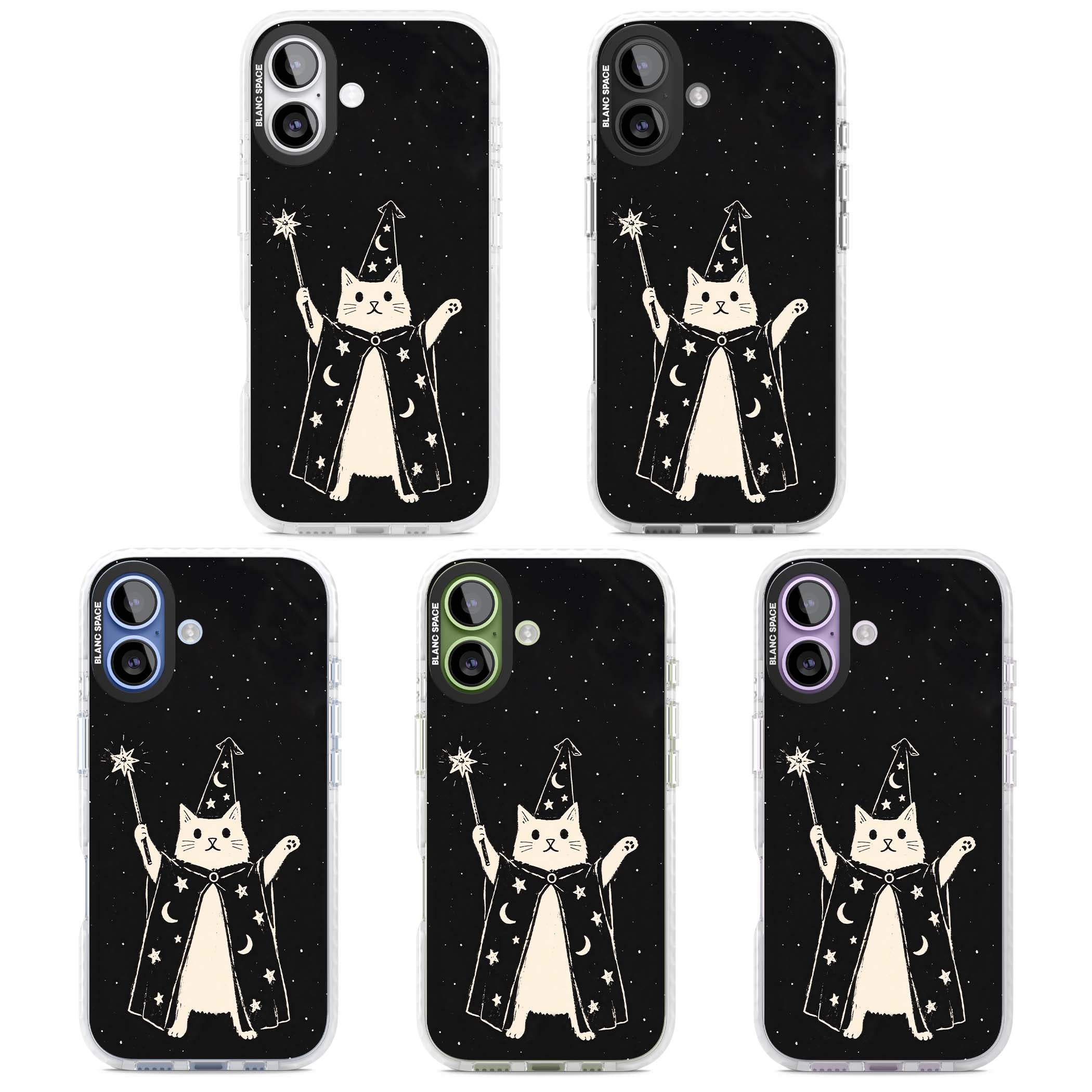 Whisker Wizard celestial cat iPhone case featuring a wizard cat with magic wand, starry night sky and crescent moons | Black Impact case for iPhone 17