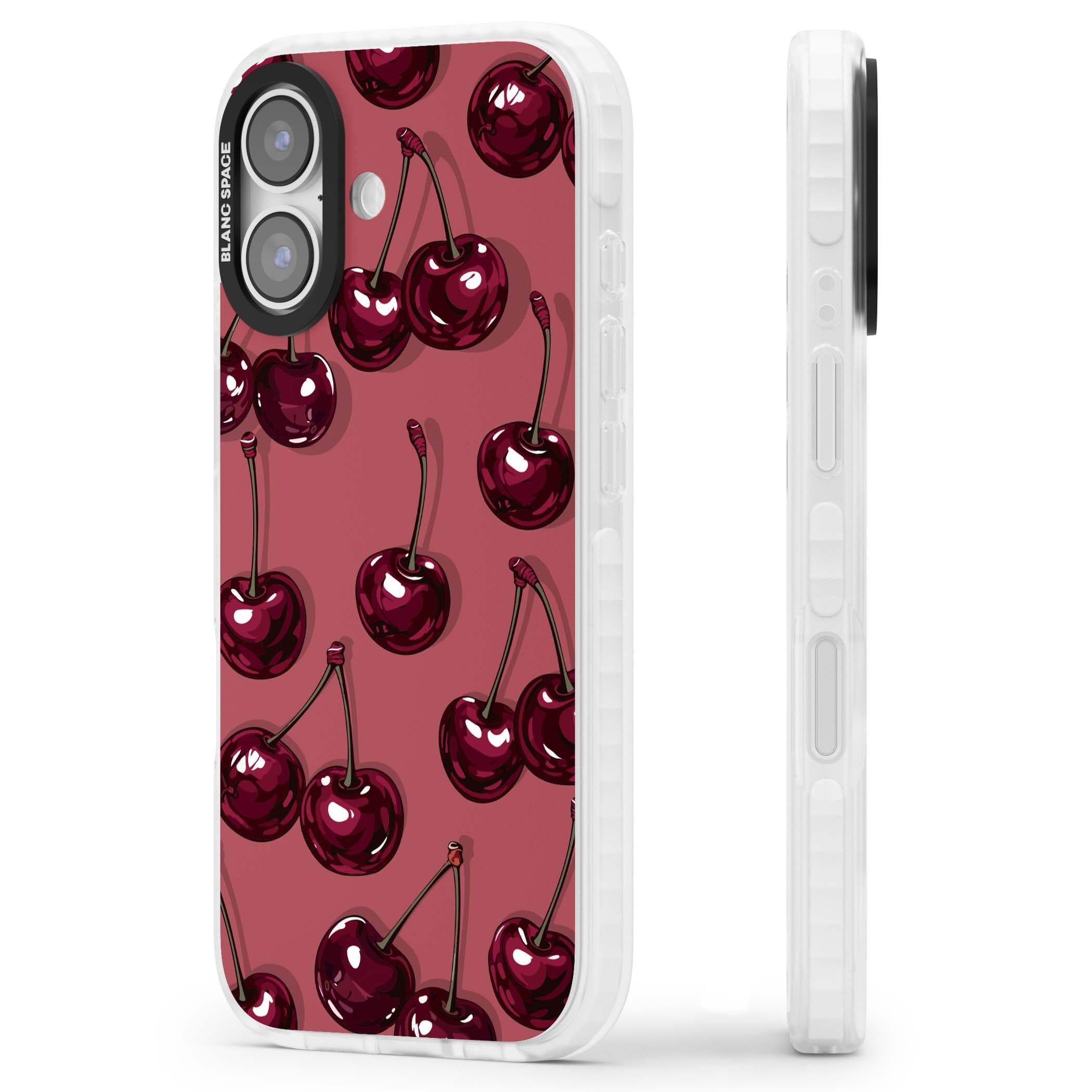 Cherry Rebel coquette iPhone case featuring glossy burgundy cherries on a dusty rose background | Black Impact case for iPhone 17