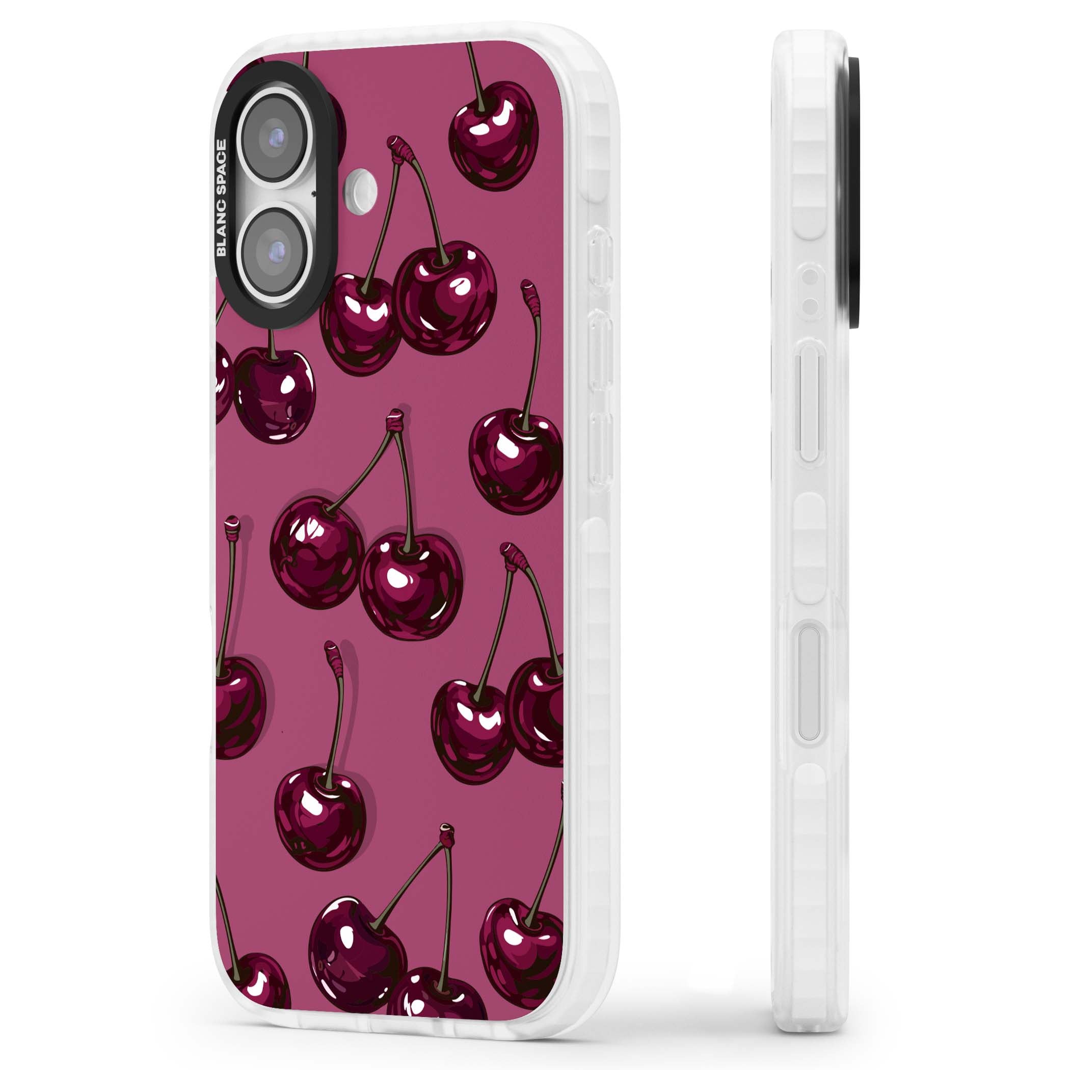 Cherry Soda coquette iPhone case featuring glossy burgundy cherries on a dusty pink background | Black Impact case for iPhone 17