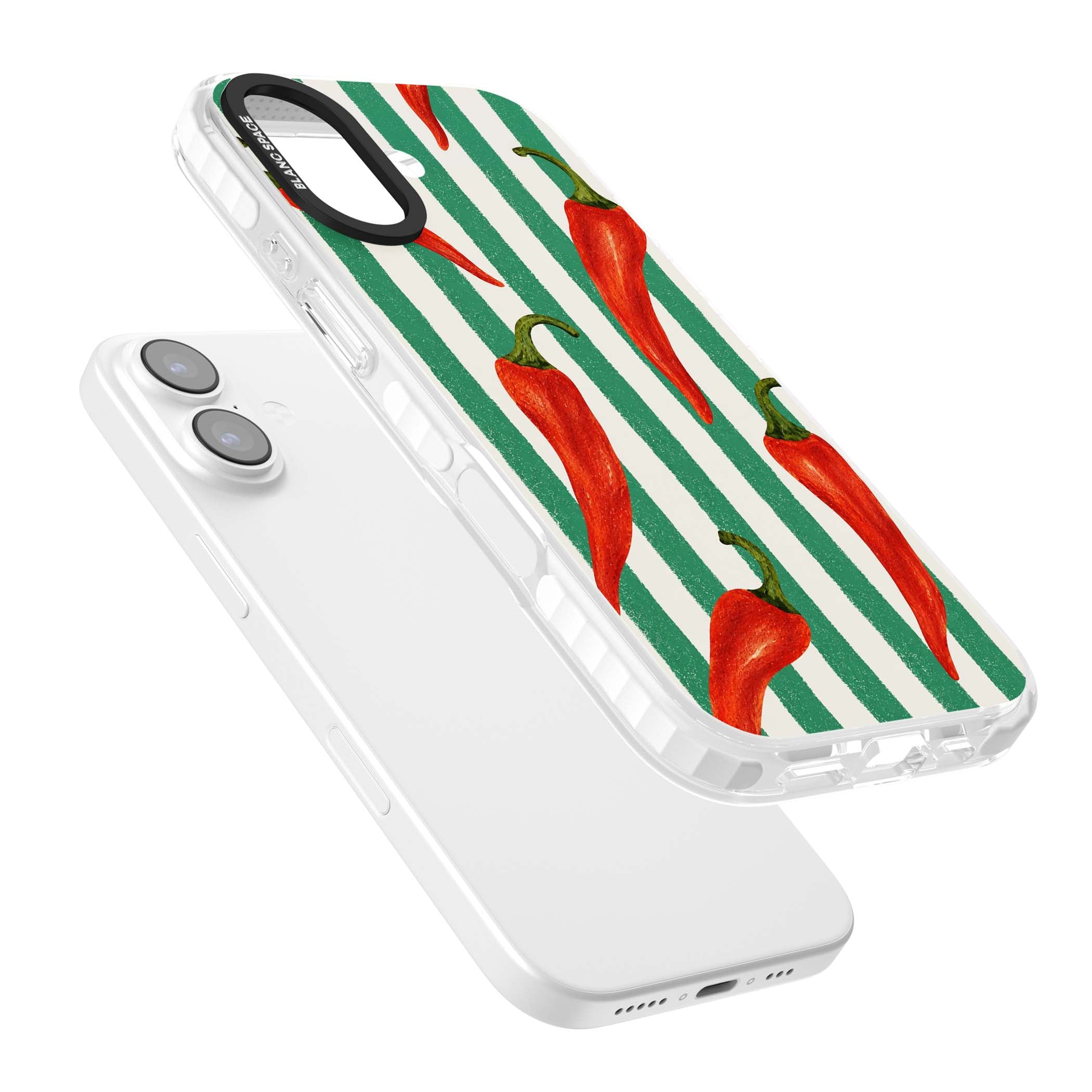 Striped Chillis coastal iPhone case featuring hand-painted red chili peppers on green and cream stripes | Black Impact case for iPhone 17