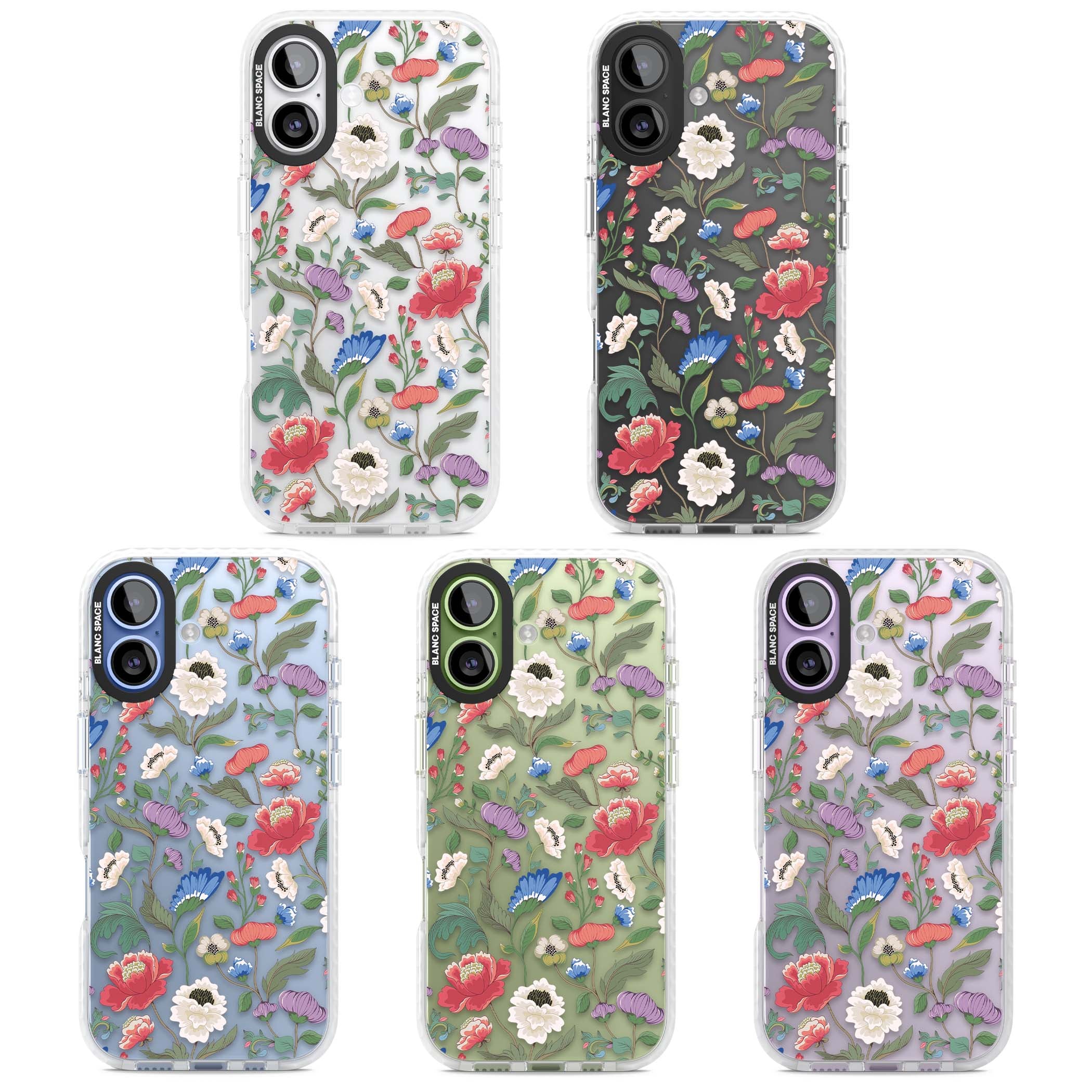 Chinoiserie Bloom vintage floral iPhone case featuring hand-painted peonies, poppies and trailing wildflowers on clear... | Black Impact case for iPhone 17