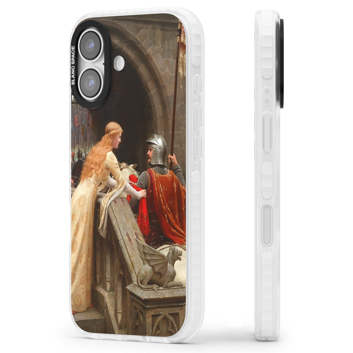 God Speed fine art iPhone case featuring Edmund Blair Leighton's medieval knight and lady beneath a stone archway | Black Impact case for iPhone 17