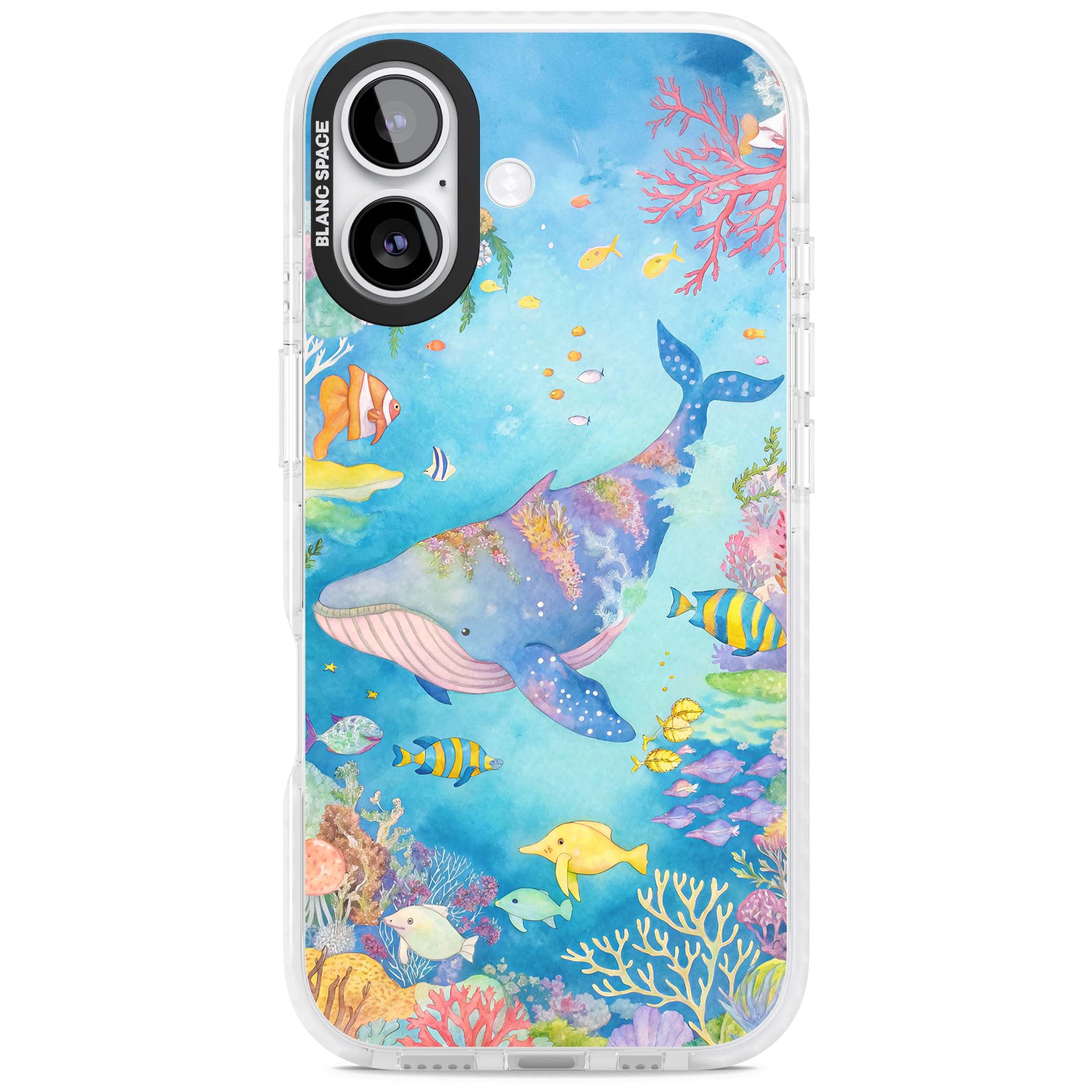 Coral Lagoon ocean iPhone case featuring a watercolour whale, coral reef and tropical fish | Black Impact case for iPhone 17