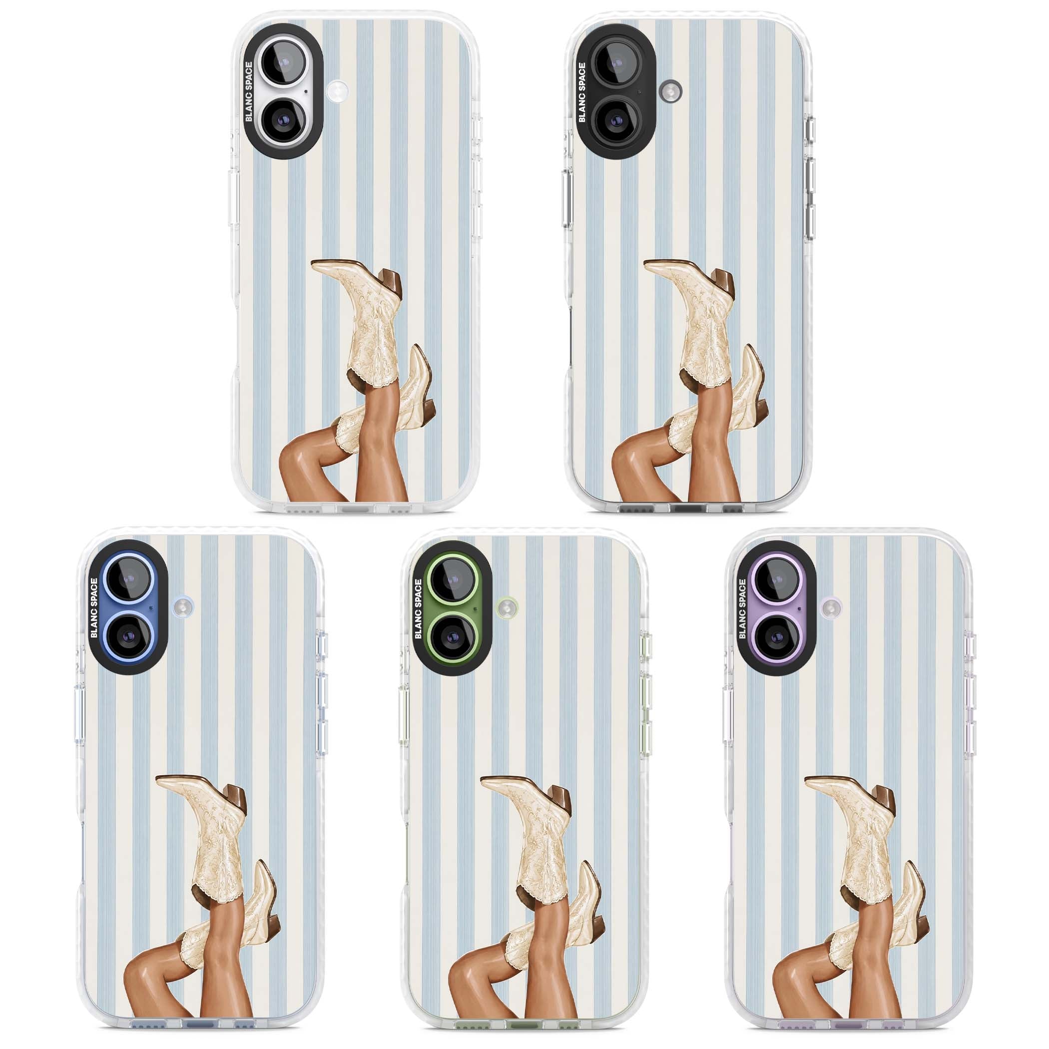 Cowgirl Boots coastal cowgirl iPhone case featuring embroidered western boots, tanned legs and a blue stripe backdrop | Black Impact case for iPhone 17