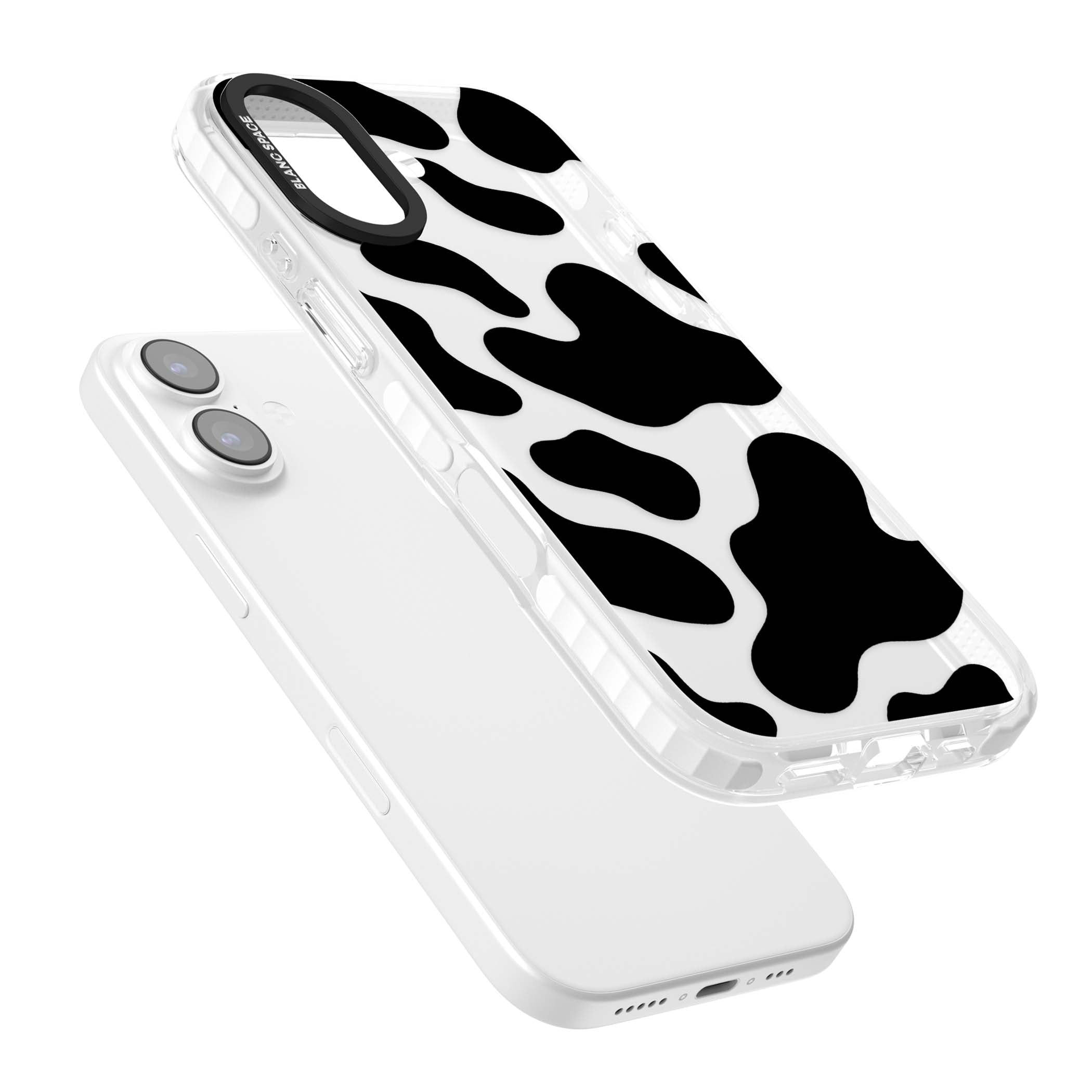 Clear Cow Print cow print iPhone case featuring black and white cow pattern splotches on a clear background | Black Impact case for iPhone 17