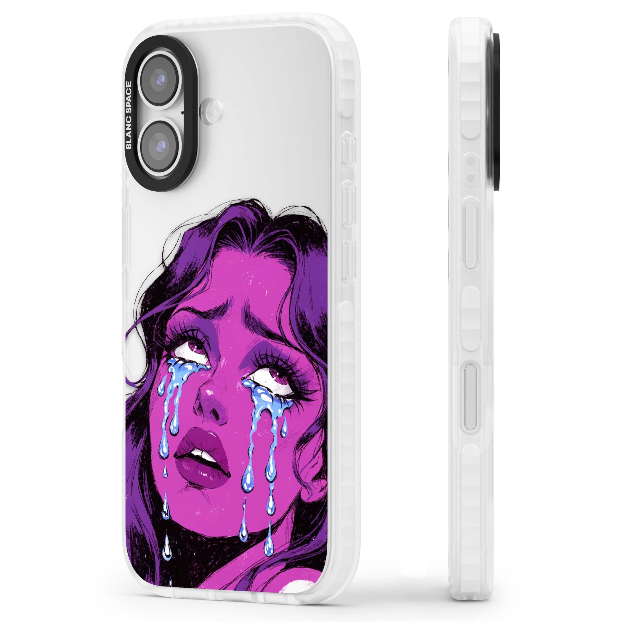 Drama Queen pop art iPhone case featuring a purple crying comic girl with blue tears | Black Impact case for iPhone 17