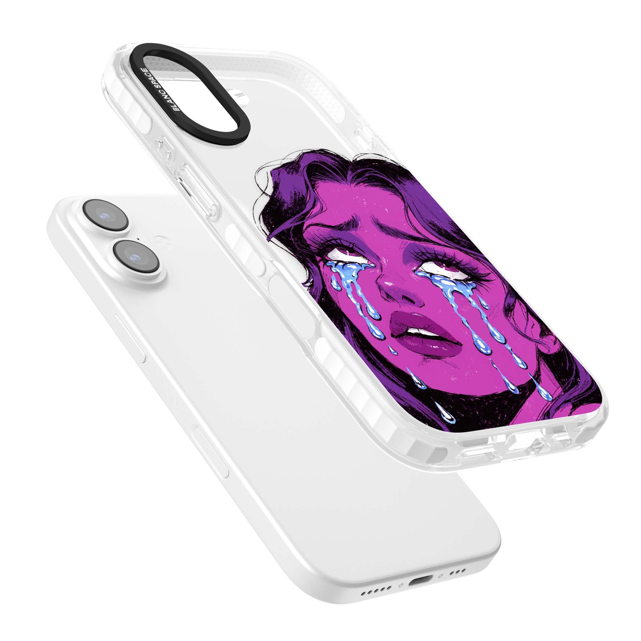 Drama Queen pop art iPhone case featuring a purple crying comic girl with blue tears | Black Impact case for iPhone 17