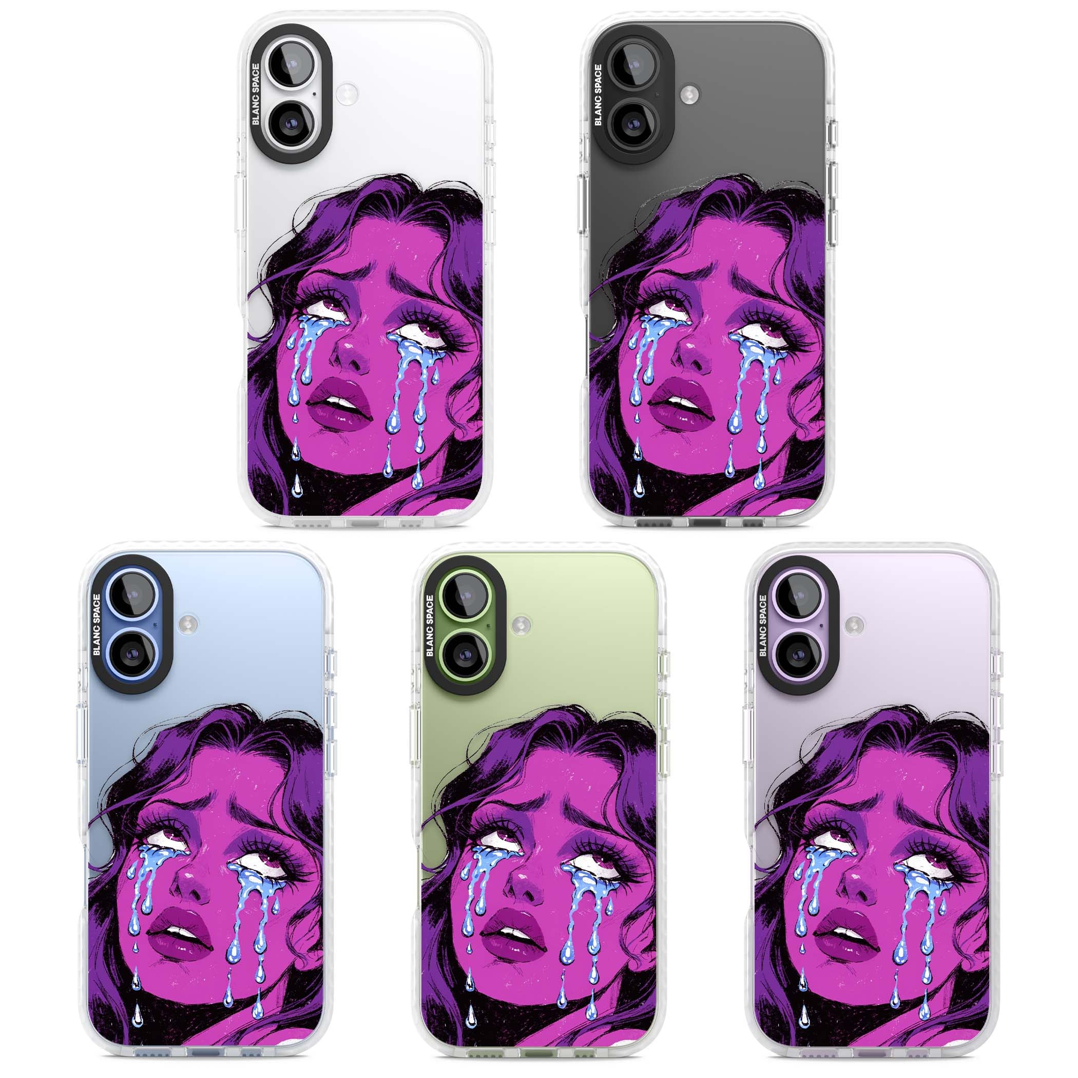 Drama Queen pop art iPhone case featuring a purple crying comic girl with blue tears | Black Impact case for iPhone 17