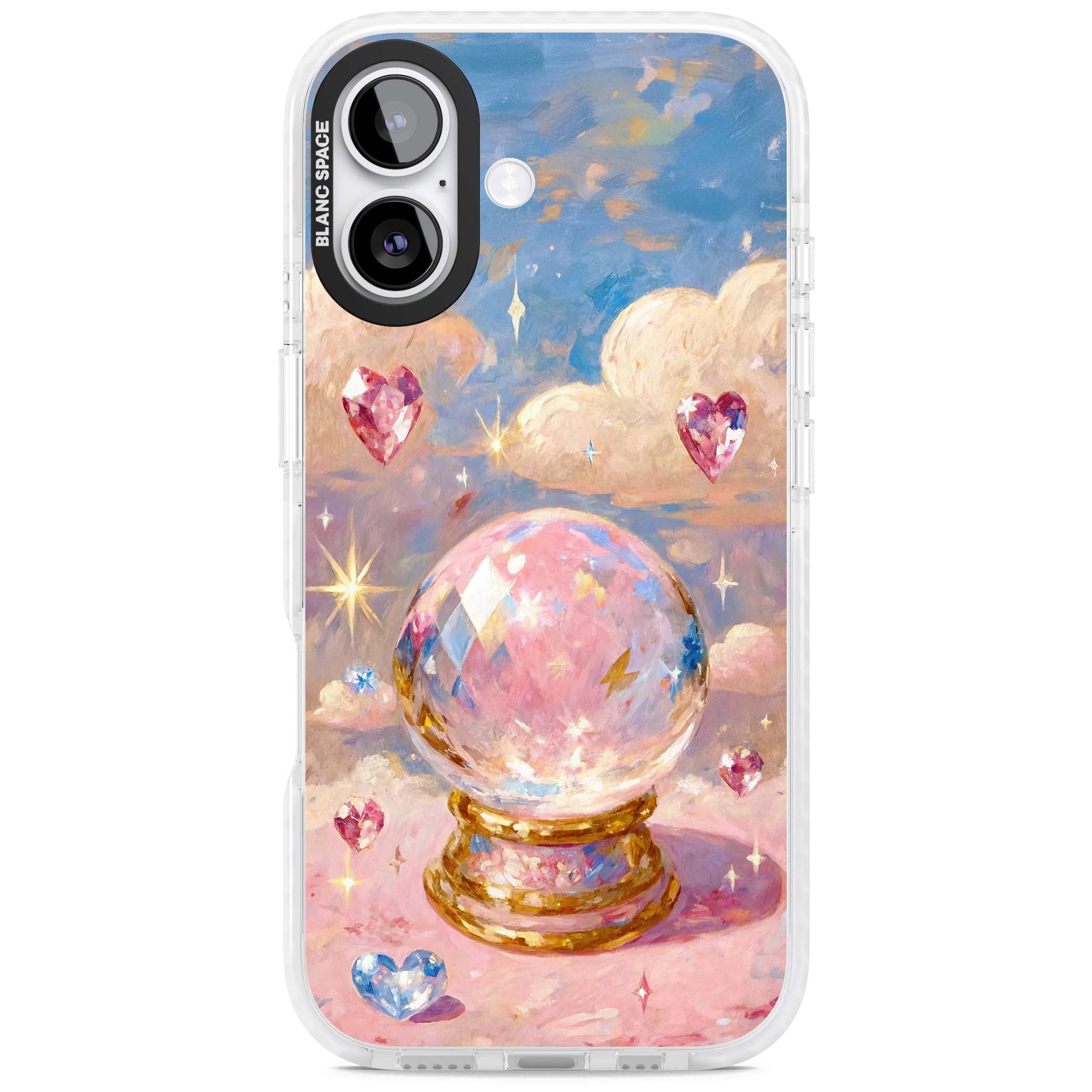 Crystal Ball fairycore iPhone case featuring a painted crystal ball, heart gemstones, and pastel clouds | Black Impact case for iPhone 17